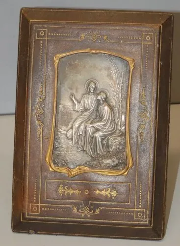 -CADRE A POSER ANCIEN EN CUIR avec DORURES et Plaque Métal Argentée JESUS  D