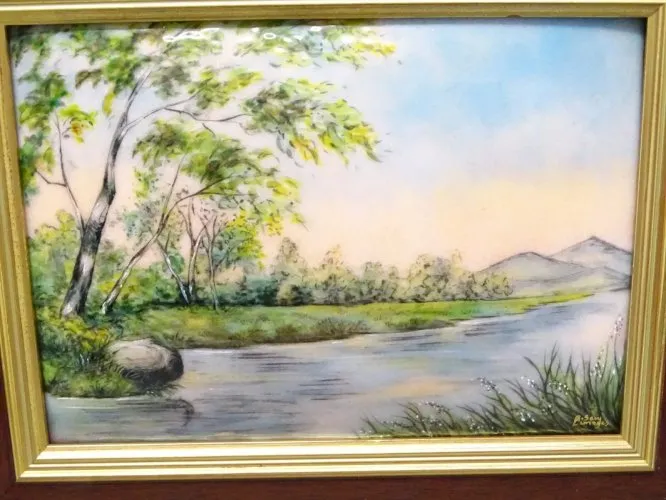 -CADRE EMAIL LIMOGES signé A SAVY PAYSAGE Animé Cadre doré déco XXe D