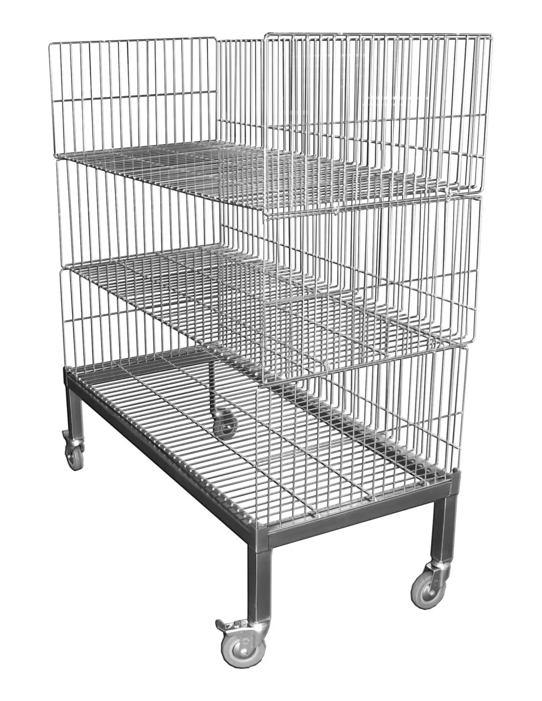 CHARIOT A BARQUETTES FILAIRE INOX 304 - 3 NIVEAUX AVEC PANIERS EMBOITES BASKET TROLLEY 1250X580X1400 MM 3 LEVELS STAINLESS STEEL