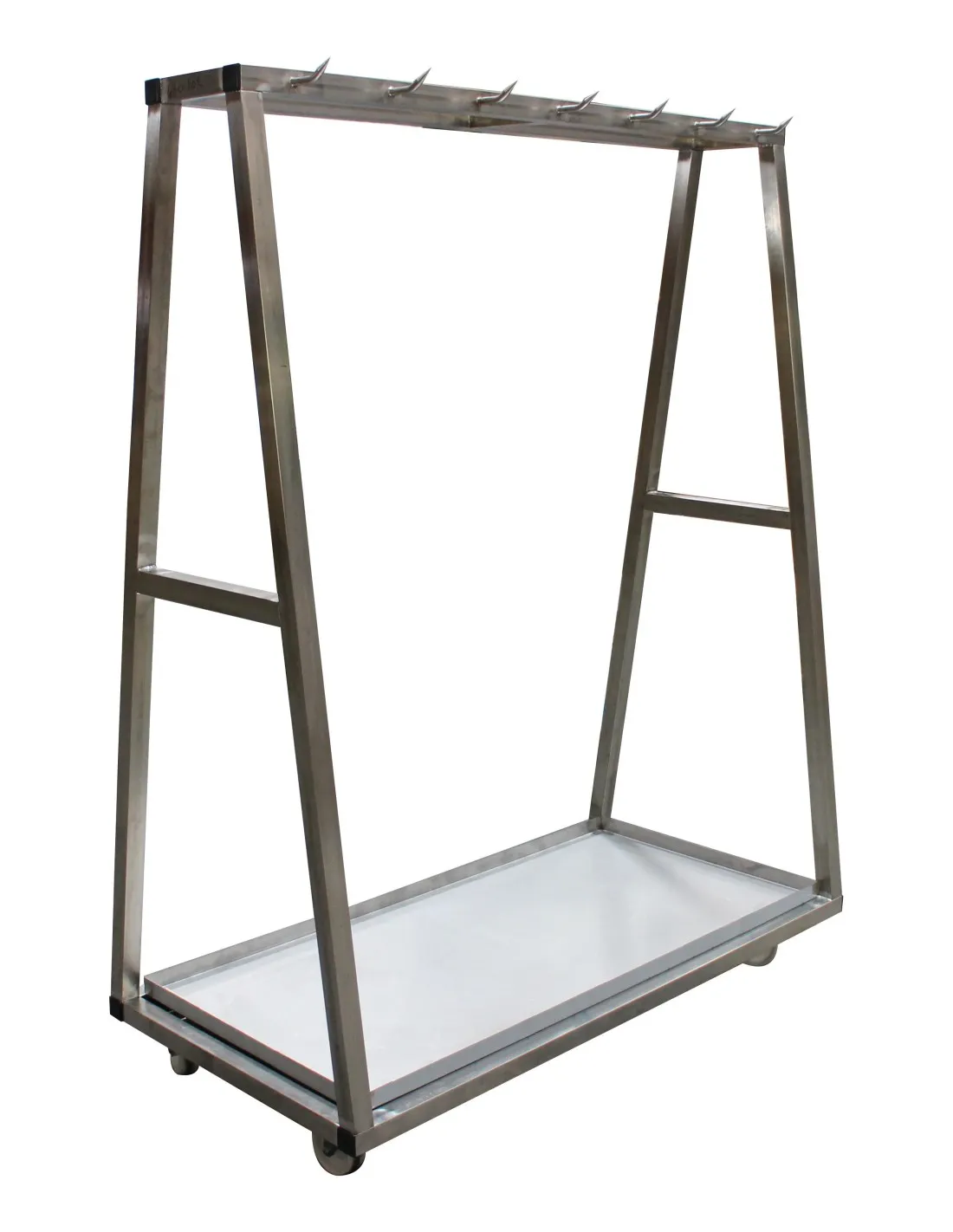 CHARIOT A CARCASSES INOX 304. 1 NIVEAU DE BARRE A DENTS. 13 DENTS. BAC A SANG AMOVIBLE L (en mm) : 1 400 - P (en mm) : 700 H (en