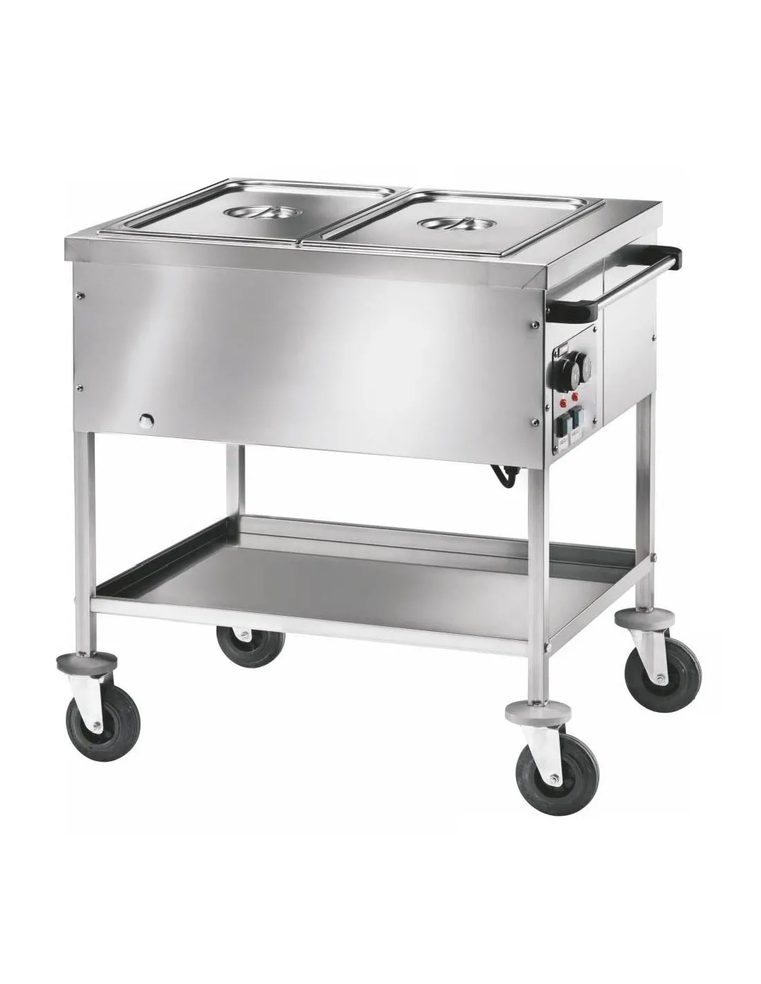 CHARIOT BAIN-MARIE 2 CUVES GN1/1-150 TEMPERATURE DIFFERENCIEE THERMOSTAT REGLABLE 30°-90° REGLAGE DES CUVES INDEPENDANT AVEC ETA