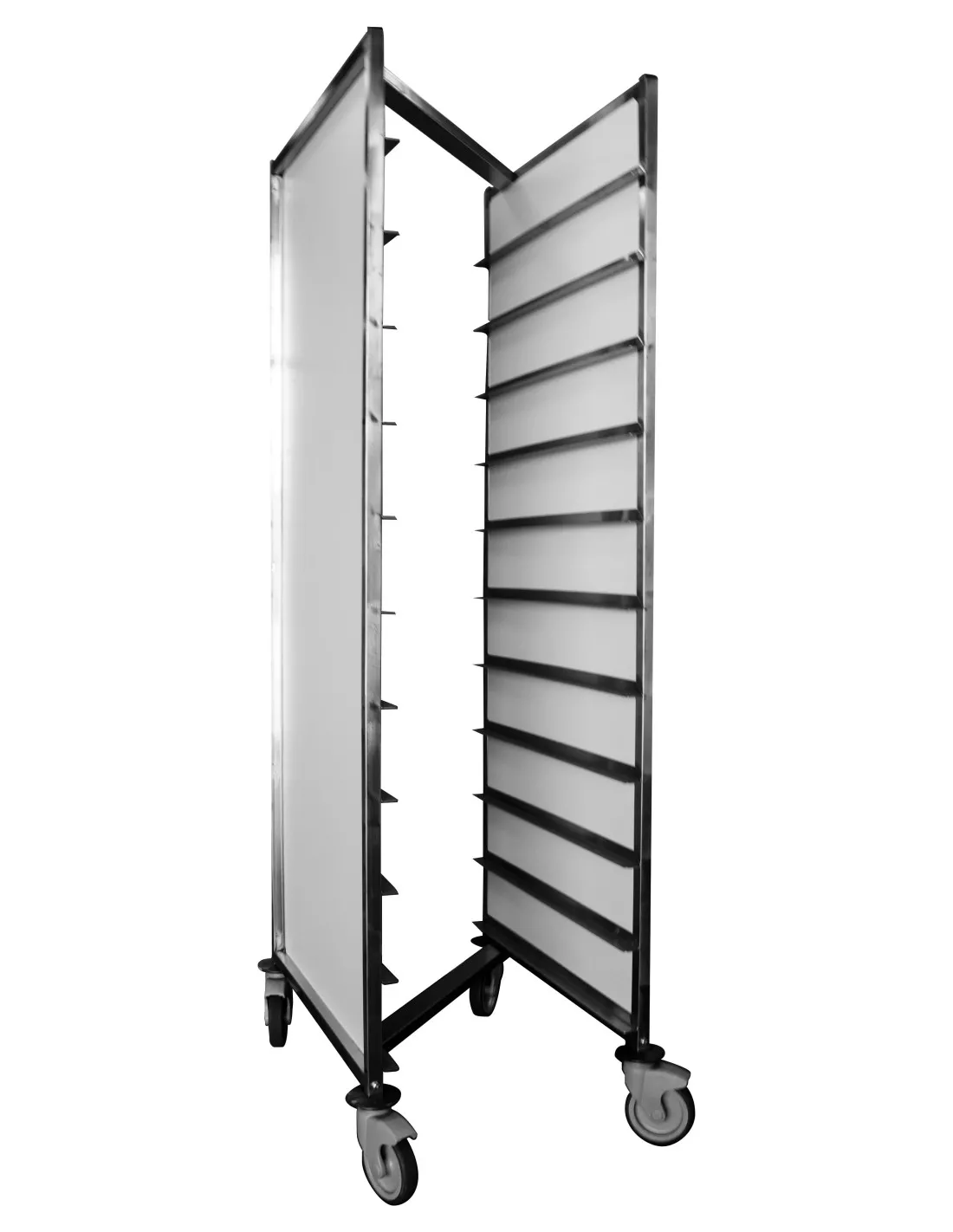 CHARIOT DE DEBARRASSAGE ENCASTRABLE 11 NIVEAUX AVEC JOUES EN RESINE PANNEAUX LATERAUX EN RESINE BEIGE. 4 ROULETTES D.125 MM CHA