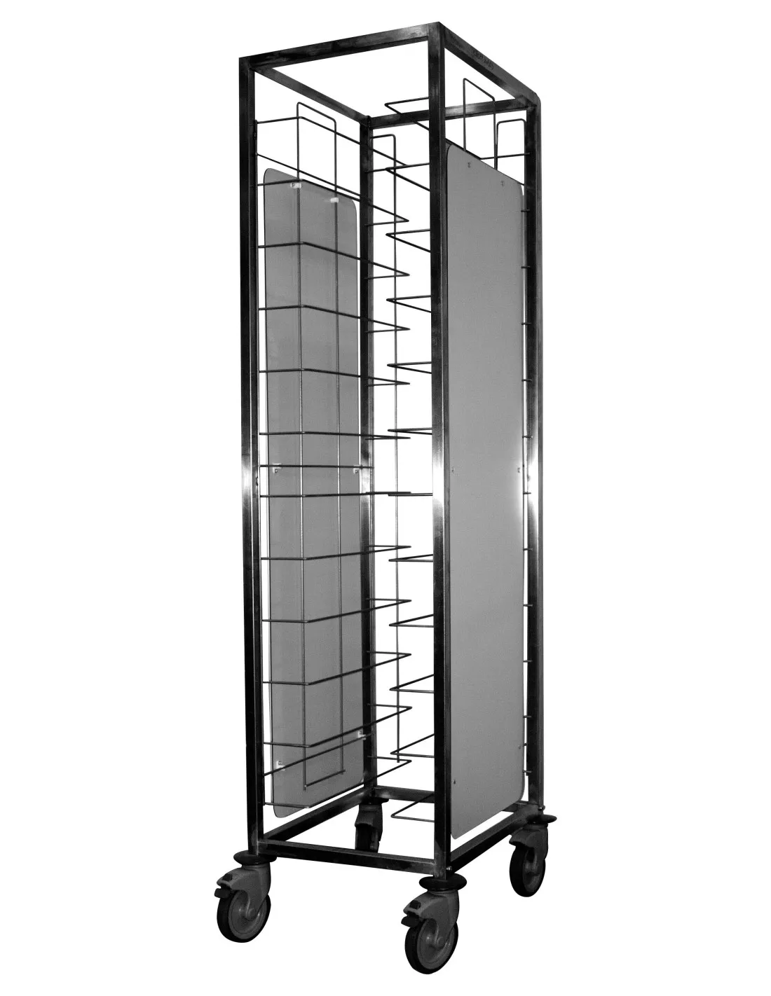 CHARIOT DE DEBARRASSAGE INOX 1X12 NIVEAUX. AVEC ROUES CHAPE POLYAMIDE. AVEC JOUES LATERALES L (en mm) : 440 - P (en mm) : 563 H