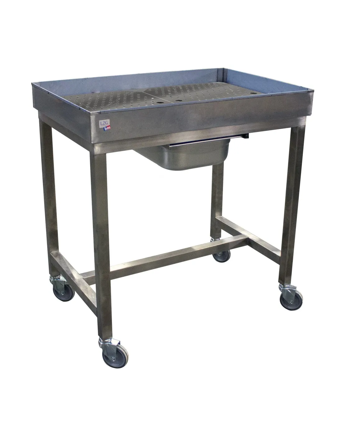 CHARIOT DE DESSOUVIDAGE INOX. 4 ROUES Ø100 MM CHAPES ZINGUEES DONT 2 FREINEES. AVEC BAC DE RECUPERATION GN 1/1 H-100 MM L (en mm