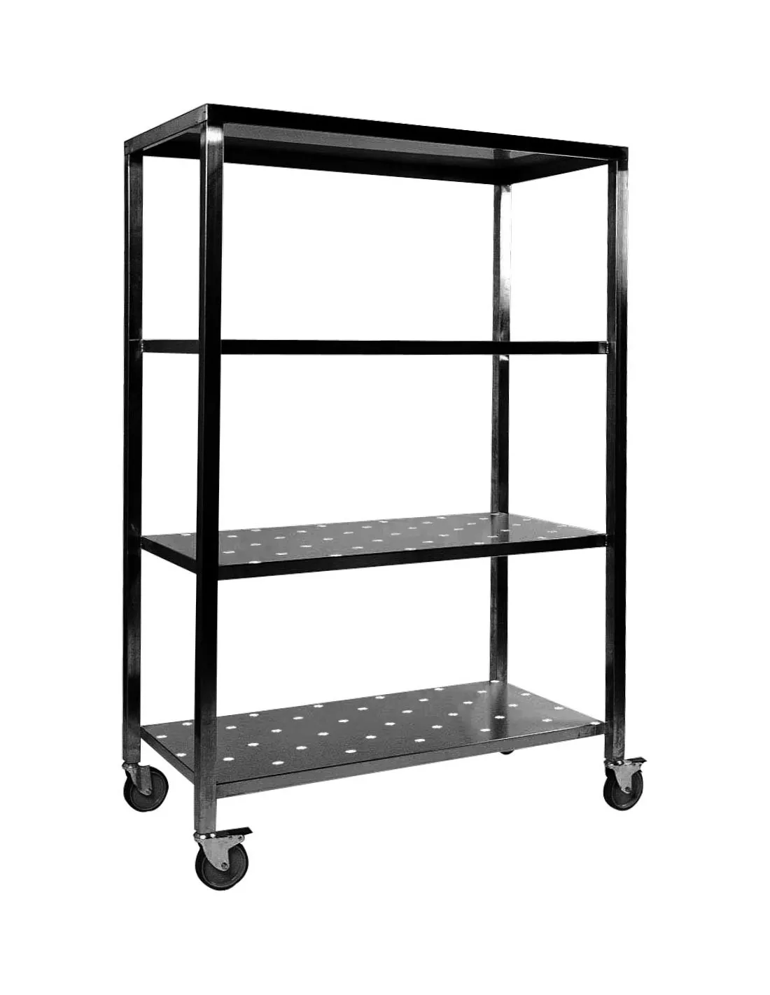 CHARIOT DE REMBALLE 4 NIVEAUX PERFORES STRUCTURE TUBE 25X25 4 ROULETTES D.125MM DONT 2 AF L (en mm) : 1 200 - P (en mm) : 600 H