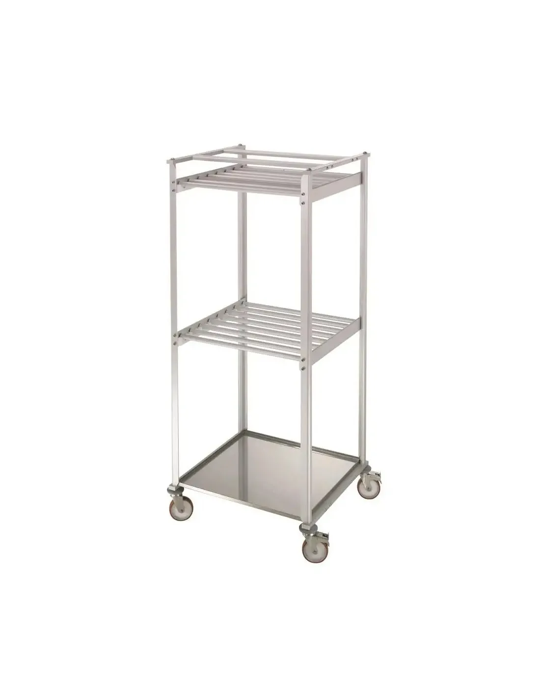 CHARIOT DE SECHAGE ALUMINIUM 2 NIVEAUX. 16 BARRES ACCROCHE-CHARCUTERIE EN ALUMINIUM. AVEC BASSINE RAMASSE-GOUTTES INOX L (en mm)