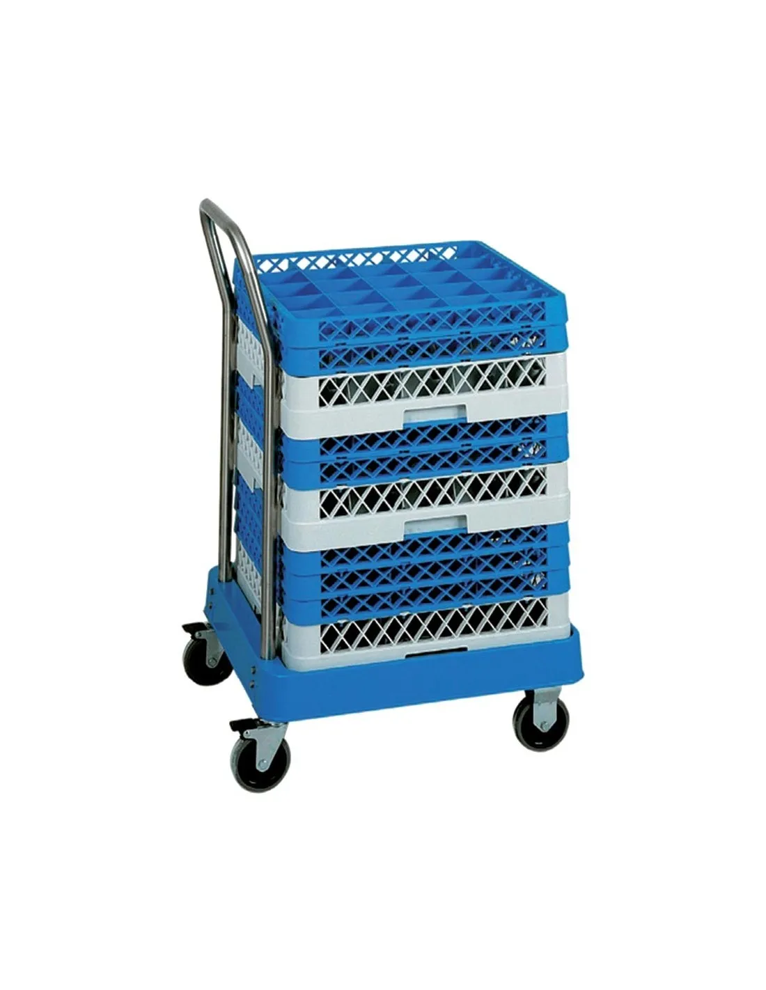 CHARIOT PORTE CASIER ABS AVEC BARRE DE POUSSEE 4 ROUES DONT 2 A FREINS CHAPE ZINGUEE L (en mm) : 530 - P (en mm) : 560 H (en mm)