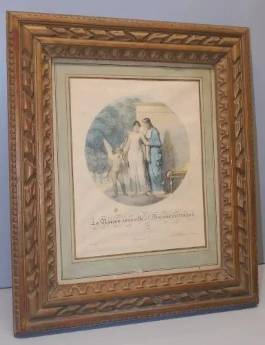 -CHROMO LA RAISON CONSEILLE & LAMOUR ENTRAINE dans un CADRE Bois SCULPTE déco D