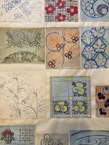 Collage Motif Tapisserie Art Deco 1930 Dessin Encre Gouache Aquarelle Peinture