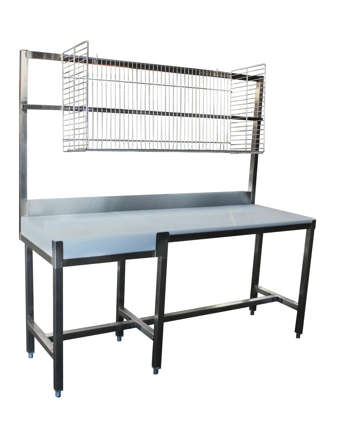 COMBINE BOUCHERIE. CHASSIS INOX AVEC STRUCTURE TUBULAIRE ET PANIER A BARQUETTES L-1250 MM. A GAUCHE: BILLOT POLY 600X600X100 MM