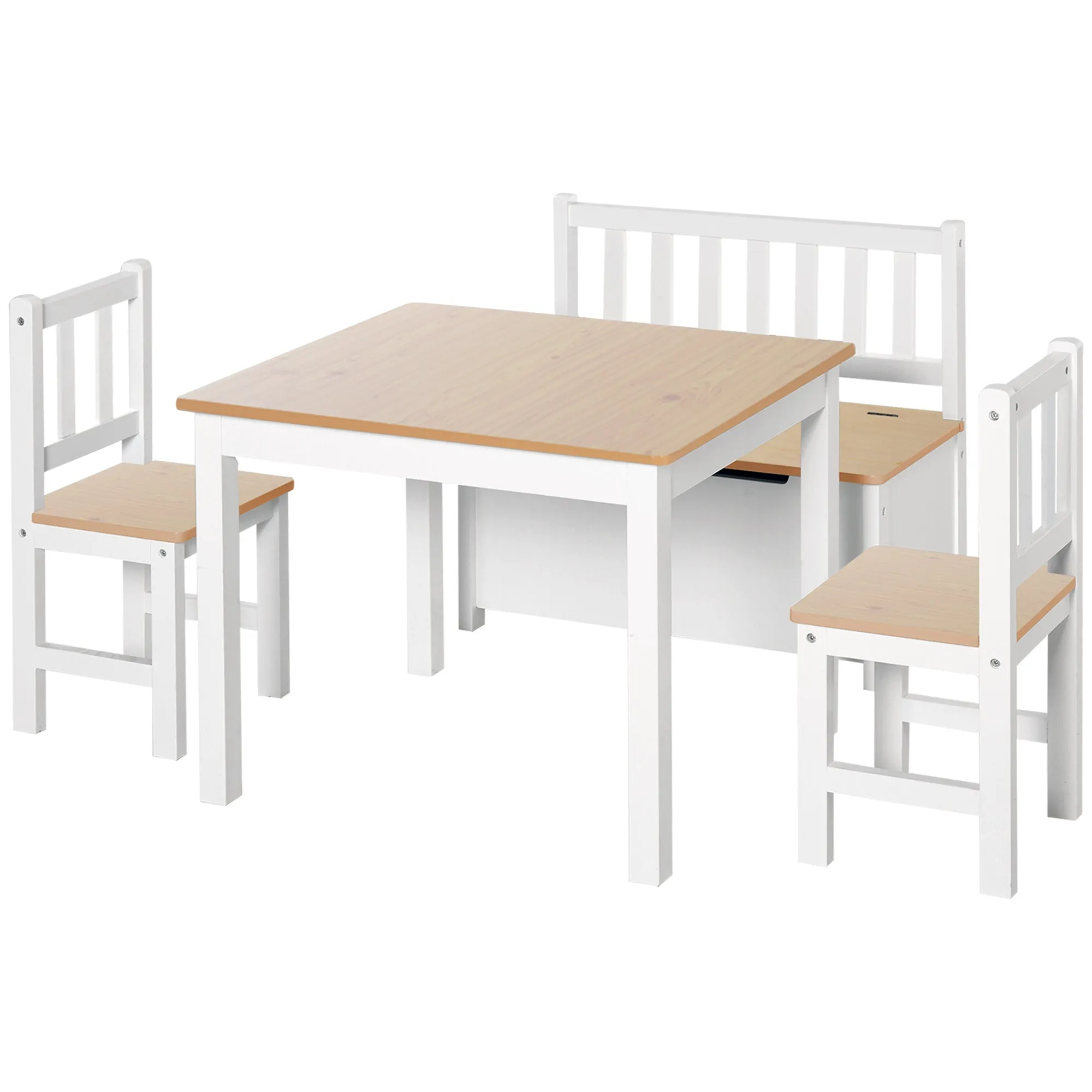 4 Piece Kids Table and Chair Set with 2 Wooden Chairs, 1 Storage Bench, and Interesting Modern Design, Beige/White