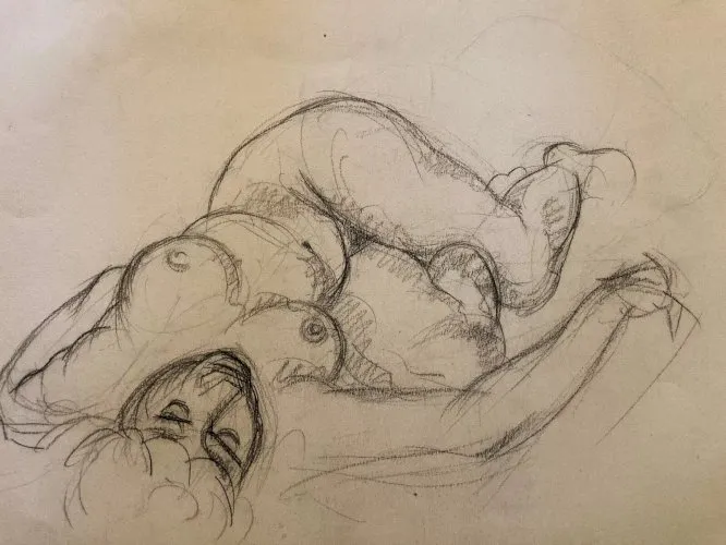 Dessin Fusain Sur Papier Femme Nue Erotique Nu 1950 A Identifier Ancien