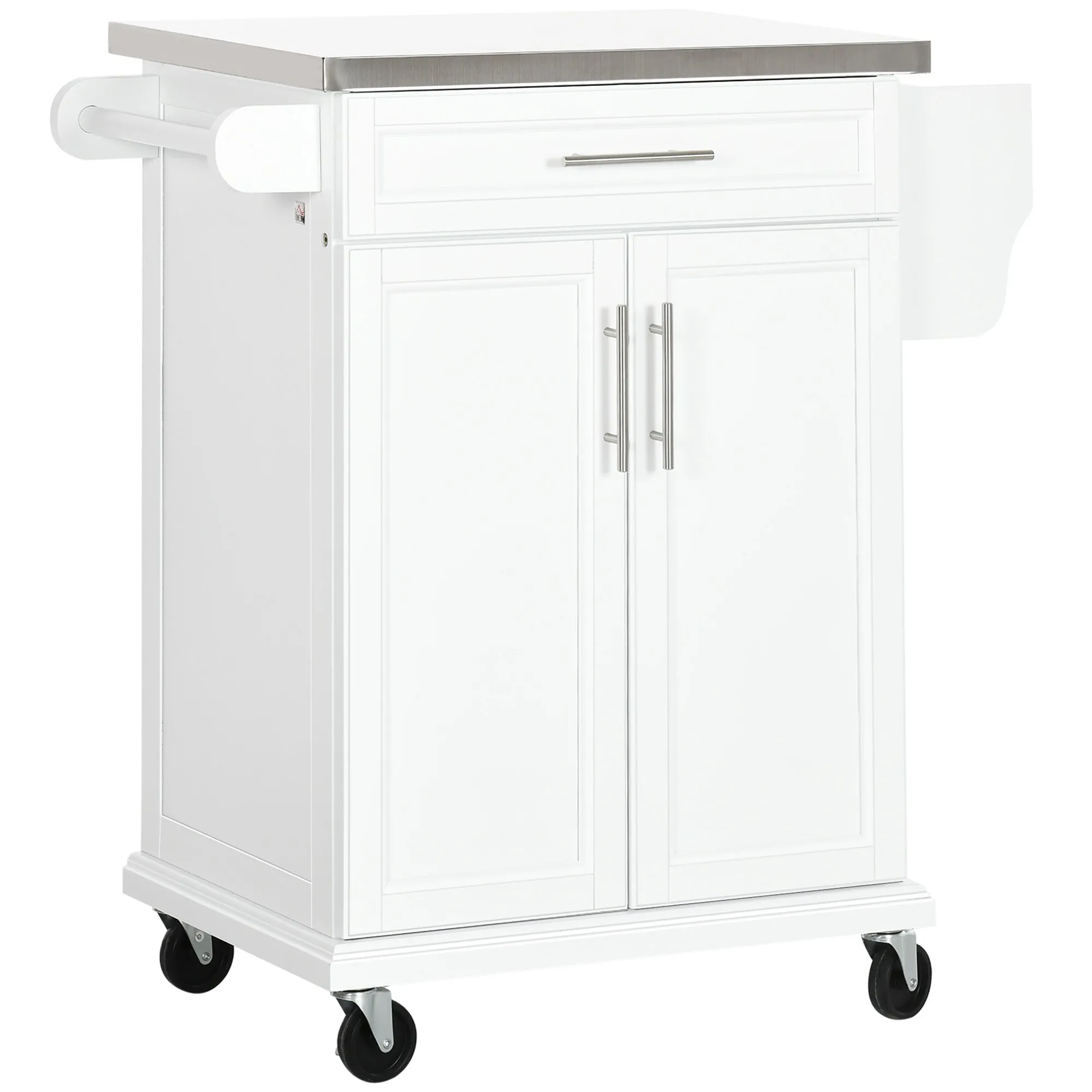 Wooden Kitchen Island on Wheels, Serving Cart Storage Trolley with Stainless Steel Top, Drawer, Side Handle and Rack, White
