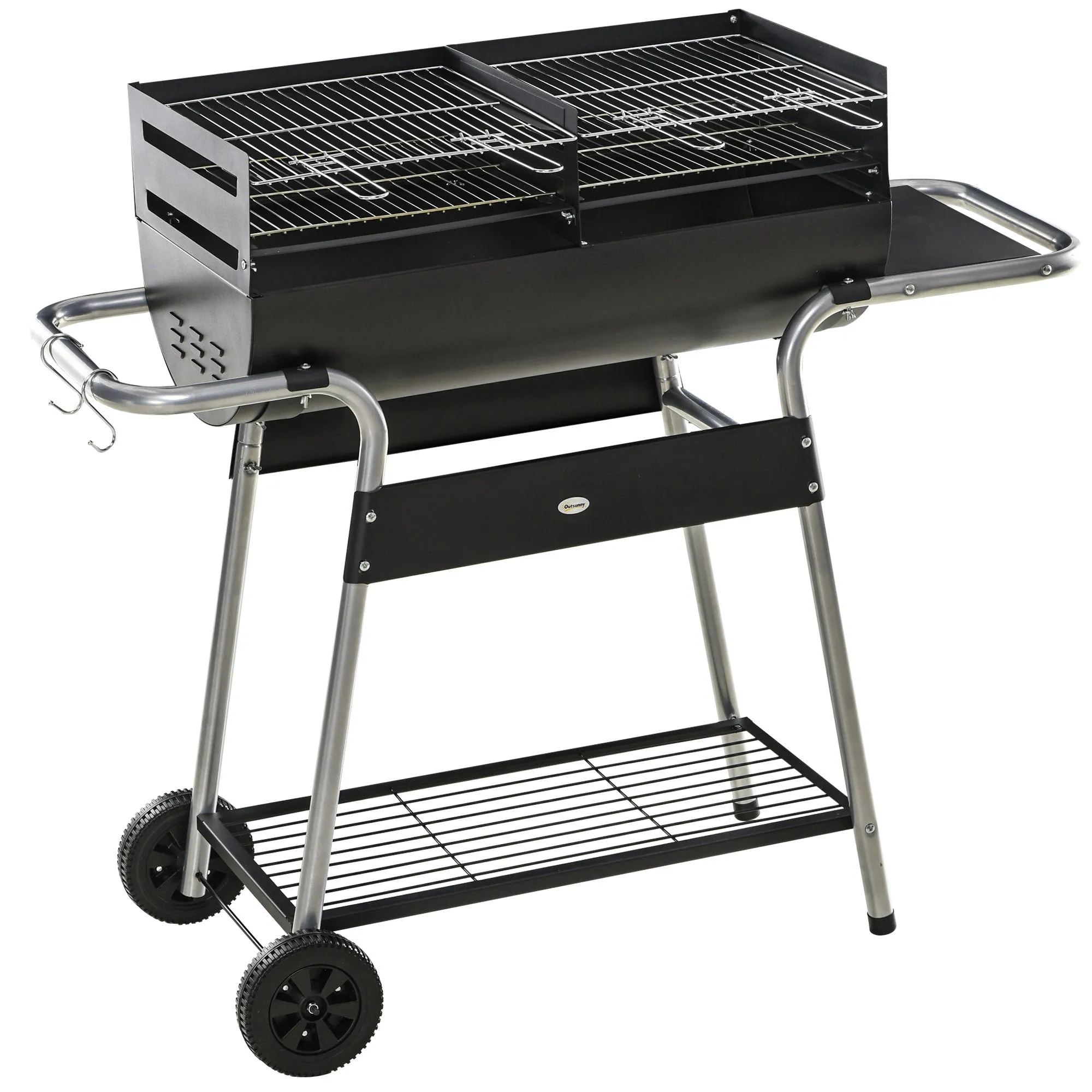 130 x 51 x 111cm Charcoal Barbecue Grill Black BBQ Trolley with Double Grill, Adjustable Grill Height, Side Table, Storage Shelf, Wheels for Outdoor Cooking
