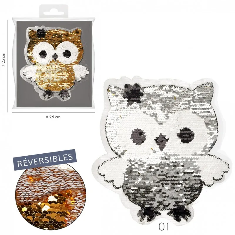 Ecusson chouette sequins réversible 20,5 x 19,8 cm