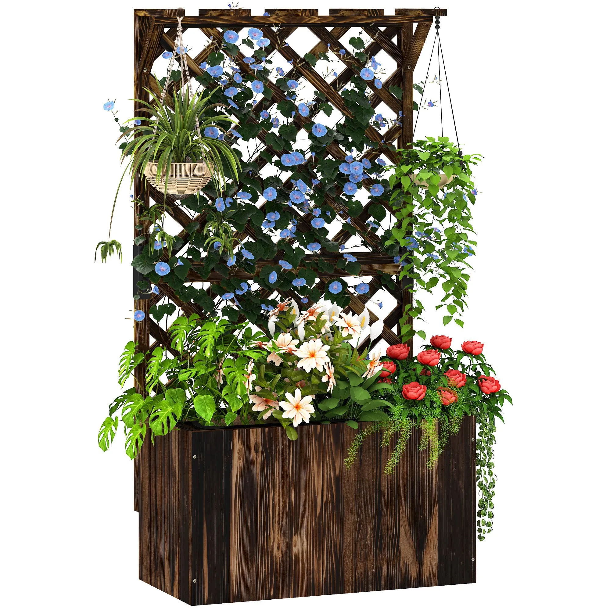 Wooden Planter Carbonised Freestanding Raised Garden Bed with Trellis Drainage Holes Outdoor Planter