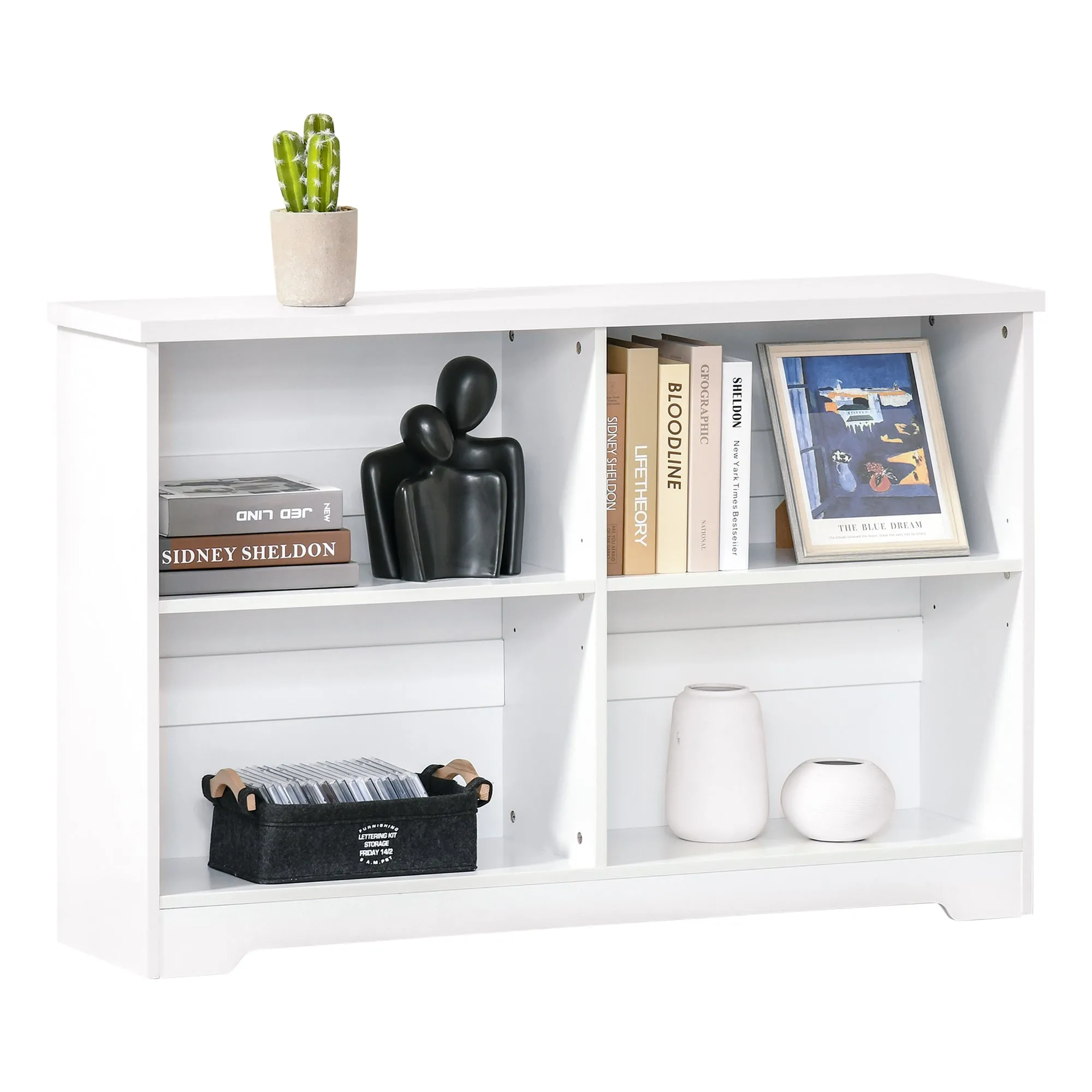 Wooden Cube Bookcase White 2 Tier Open Storage Shelving Unit with 4 Compartments 118x29x76cm Freestanding Display Bookshelf for Home Office Living Room Furniture
