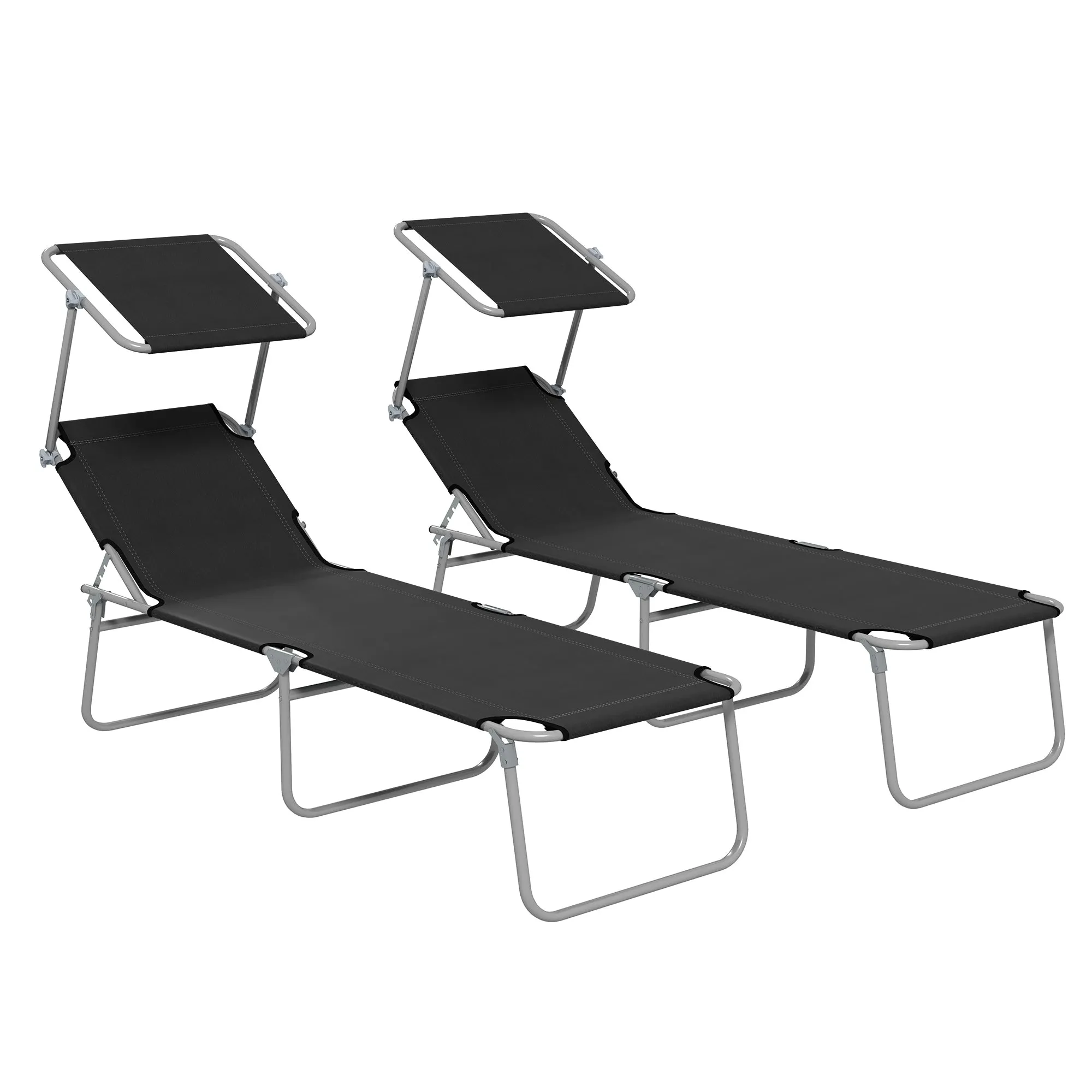 Foldable Sun Lounger Set of 2 Black with Sun Shade & Adjustable Backrest