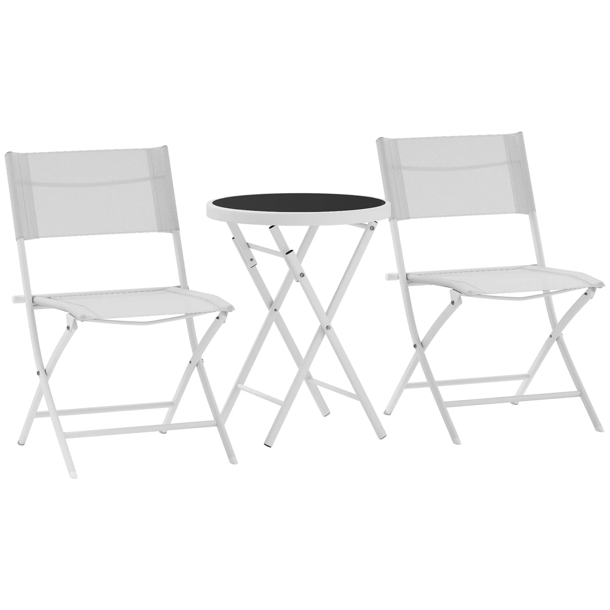 3 Pieces Outdoor Bistro Set Glass Top Outdoor Table 2 Folding Chairs Protecting Feet White