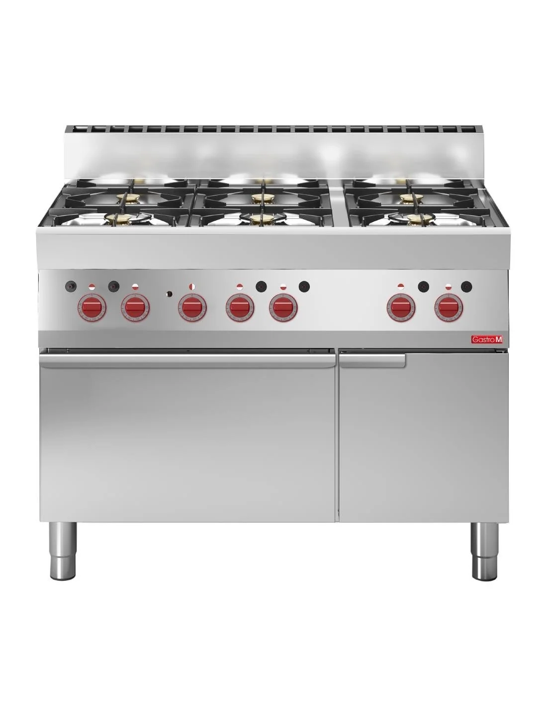 Fourneau 6 feux sur four électrique à convection avec placard ouvert Gastro M 65/110CFGE