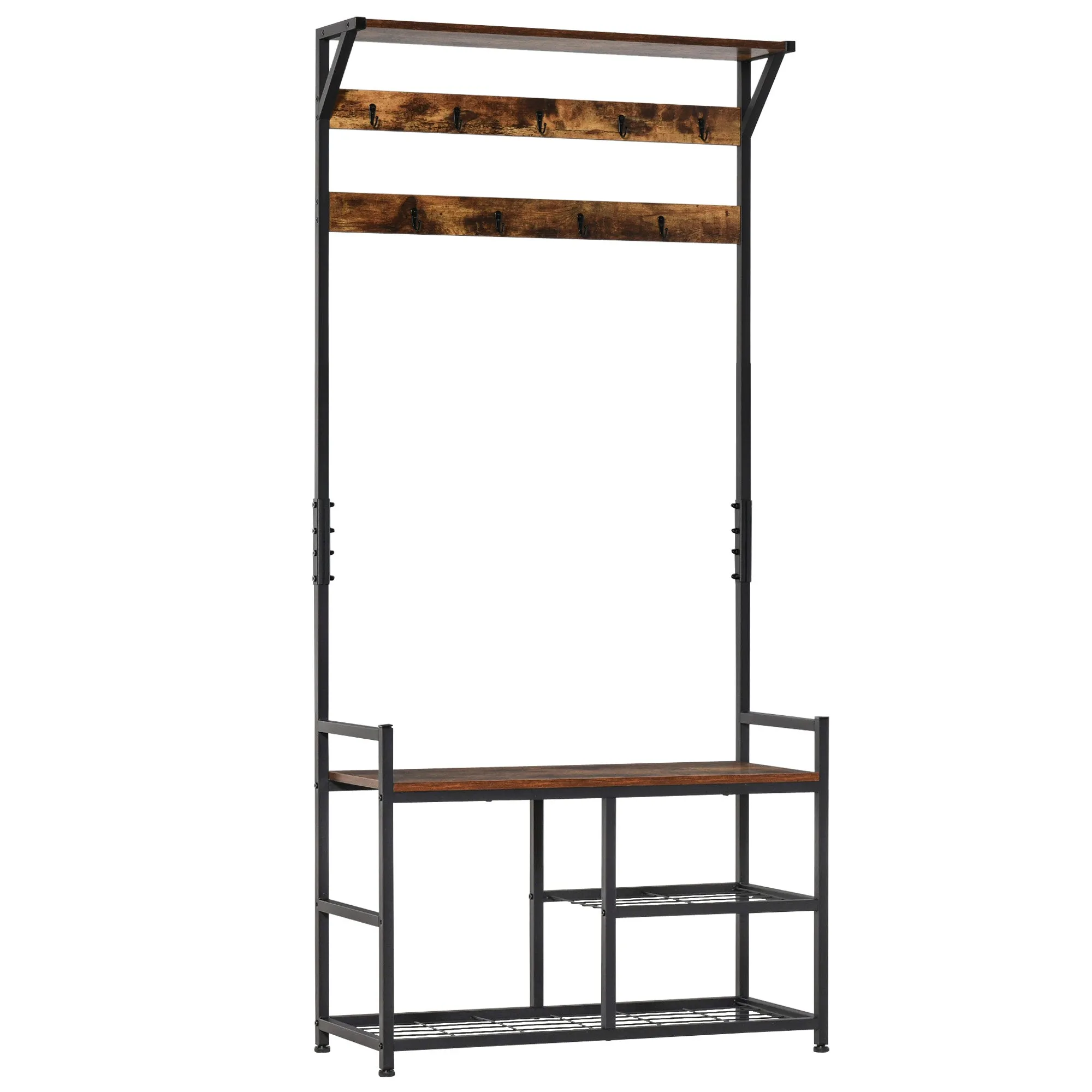 180cm Coat Rack Stand Brown and Black Shoe Storage Bench with 9 Hooks Shelves for Bedroom Living Room Entryway