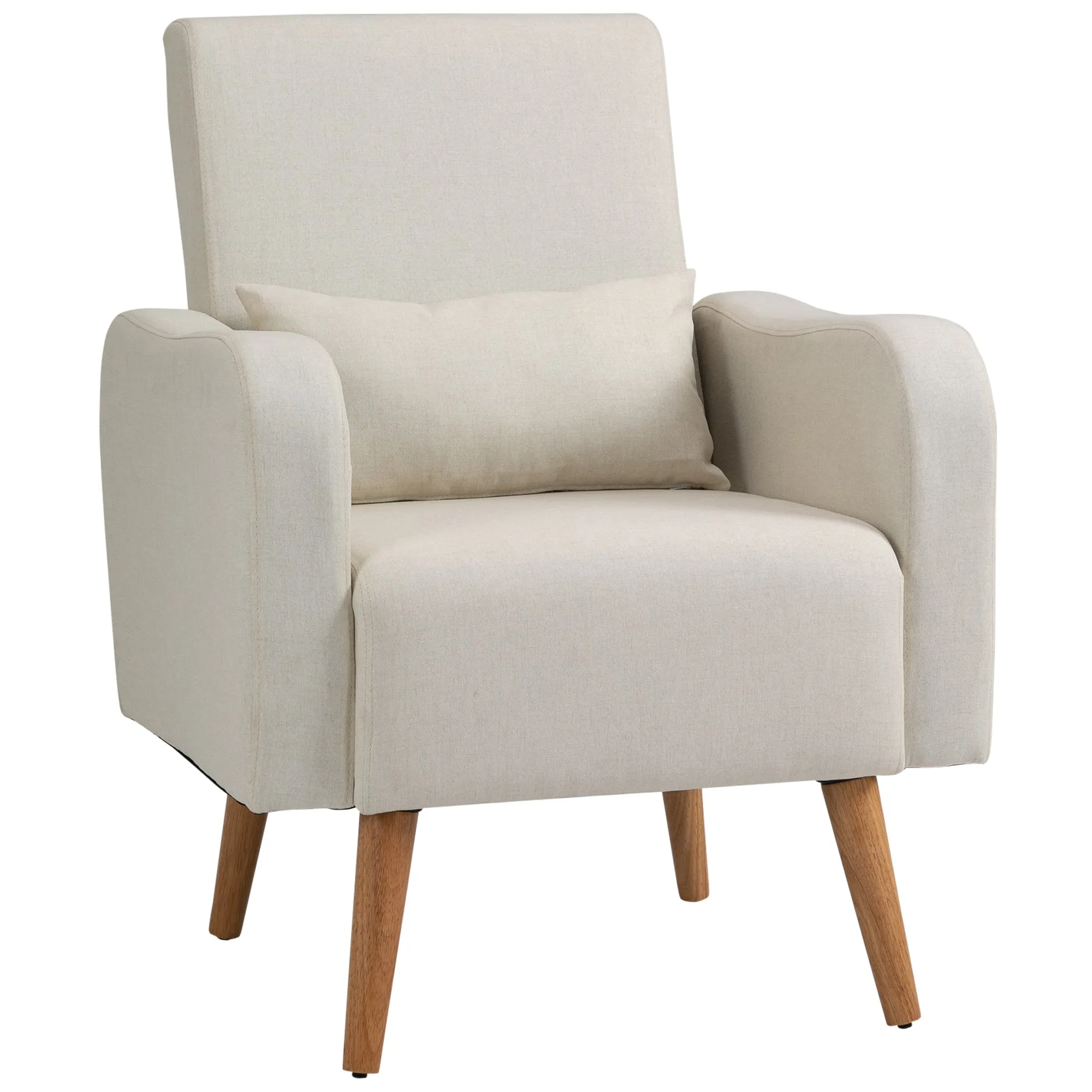 Accent Chair Linen-Touch Armchair with Pillow Upholstered Leisure Lounge Sofa Club Chair with Rubber Wooden Frame, Cream