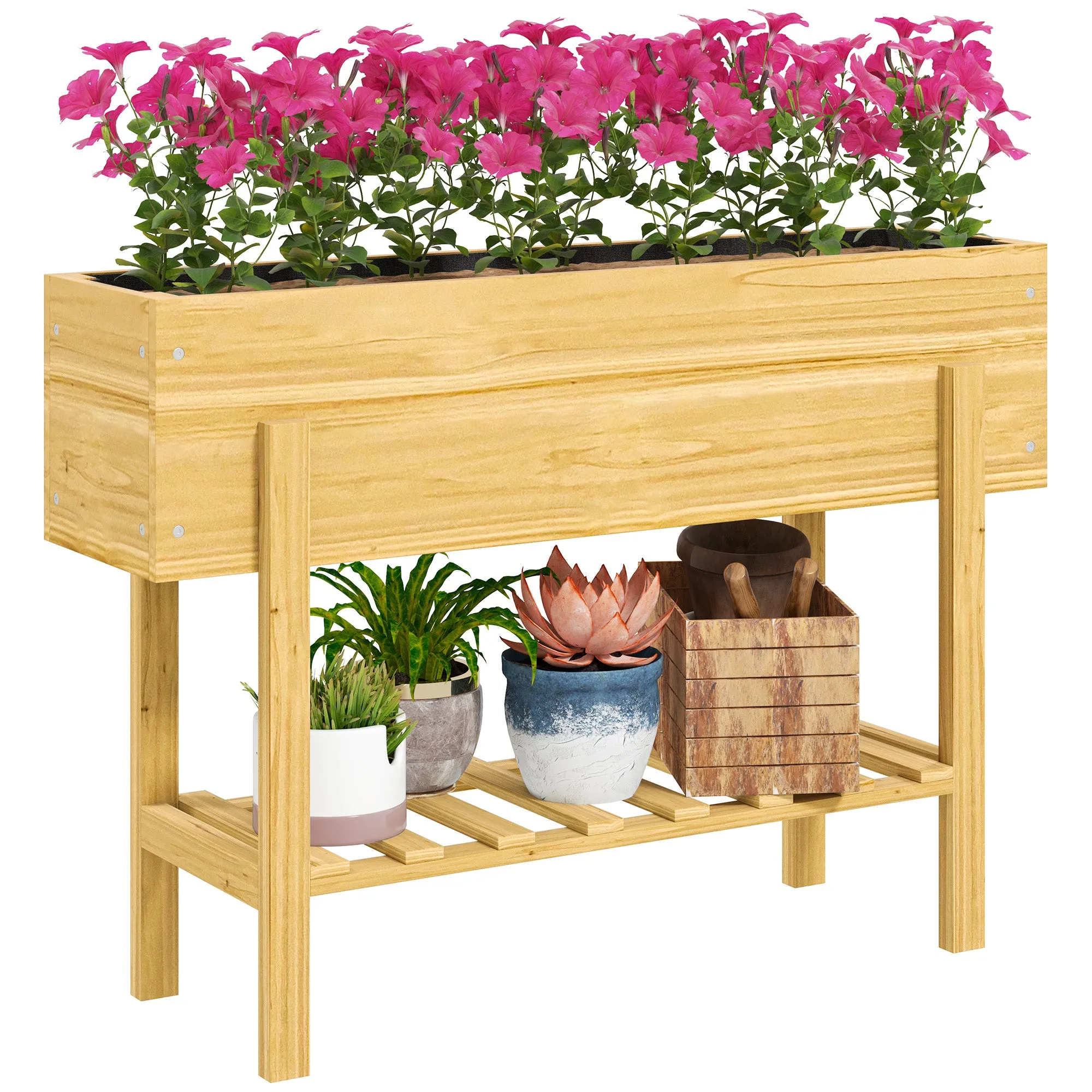 Wooden Raised Garden Bed Natural Wood Finish 100 x 30 x 71 cm Elevated Planter Box with Shelf
