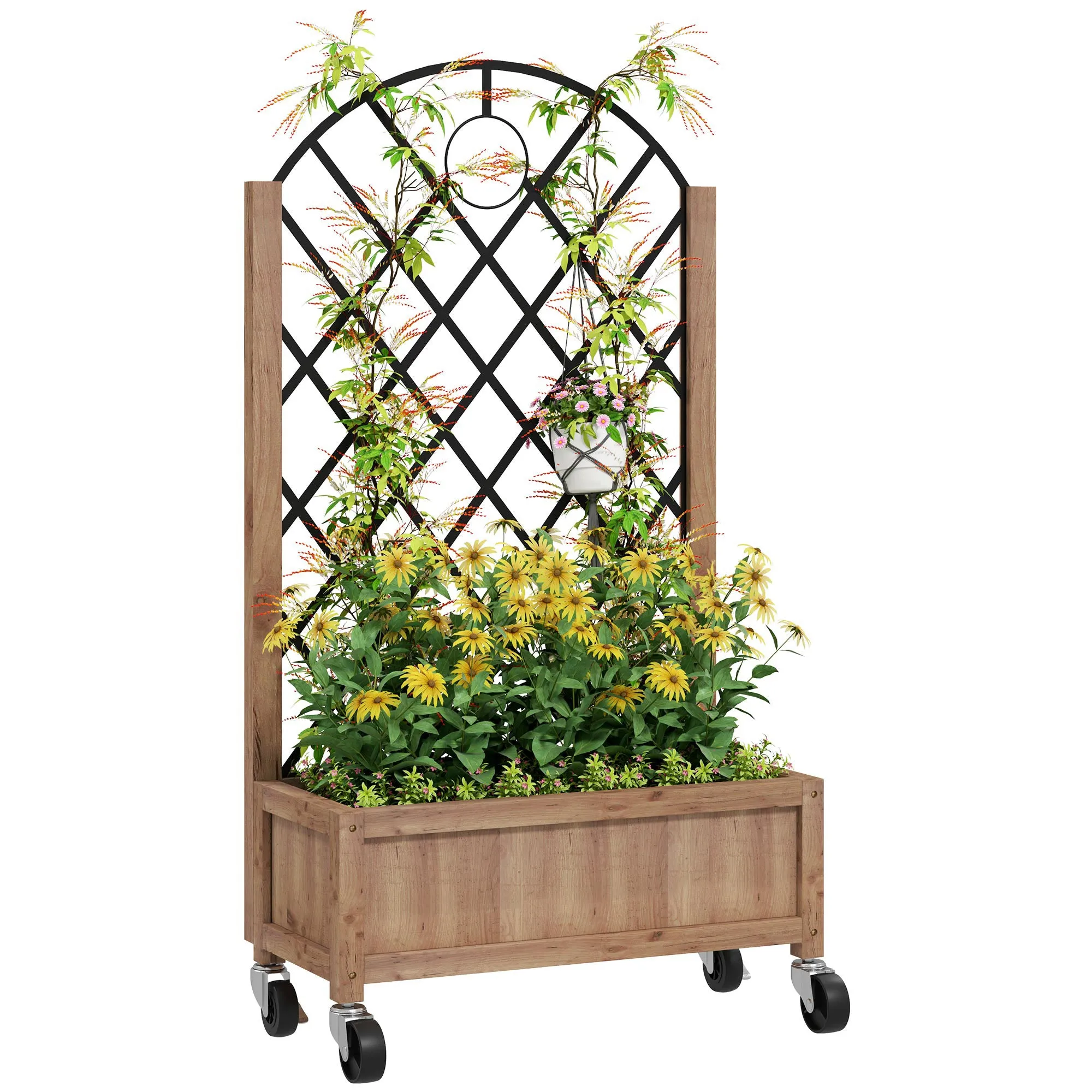 Wooden Planter Brown Black with Metal Trellis