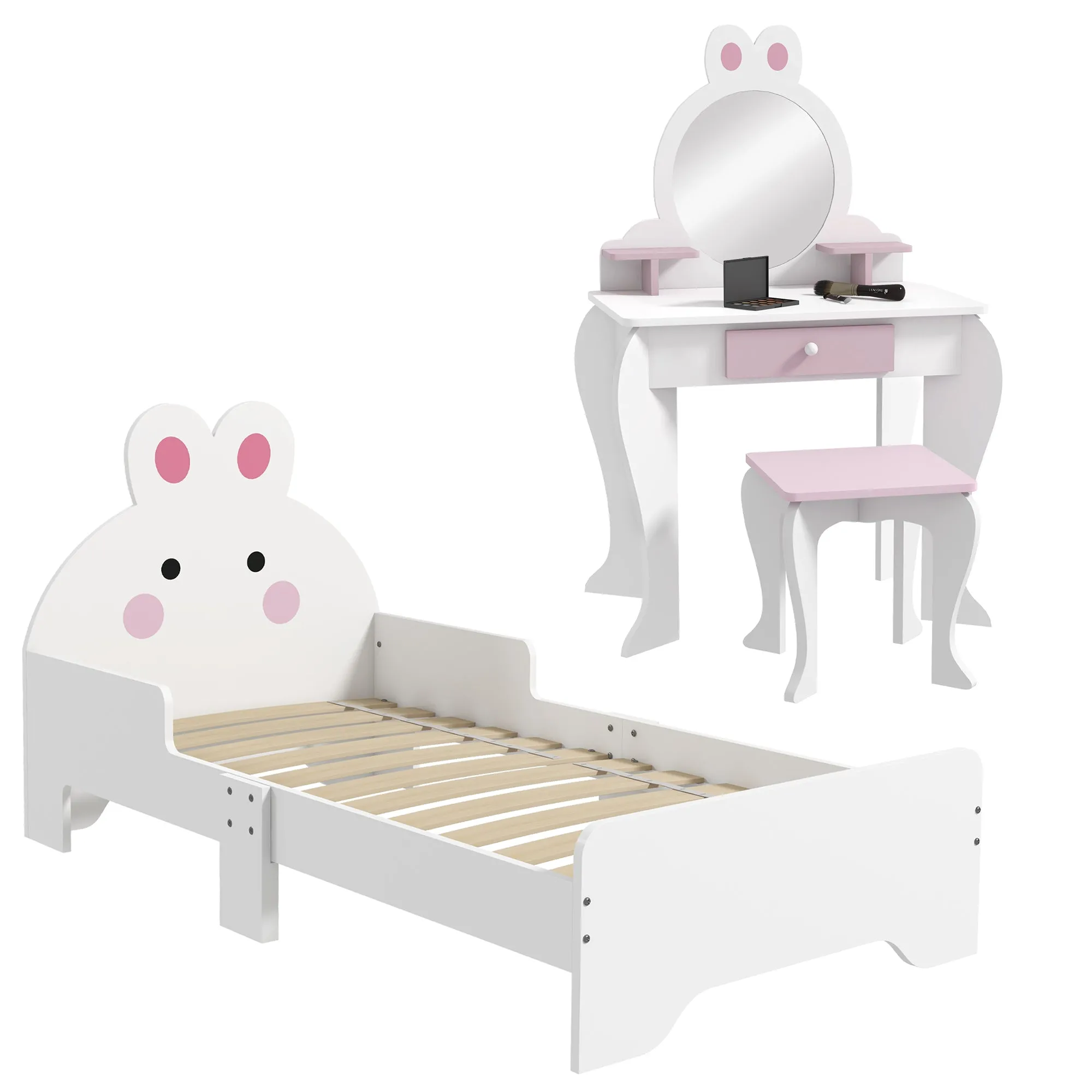 Wooden Kids Bedroom Furniture Set with Kids Dressing Table, Stool, Bed, for 3-6 Years, Bunny Design