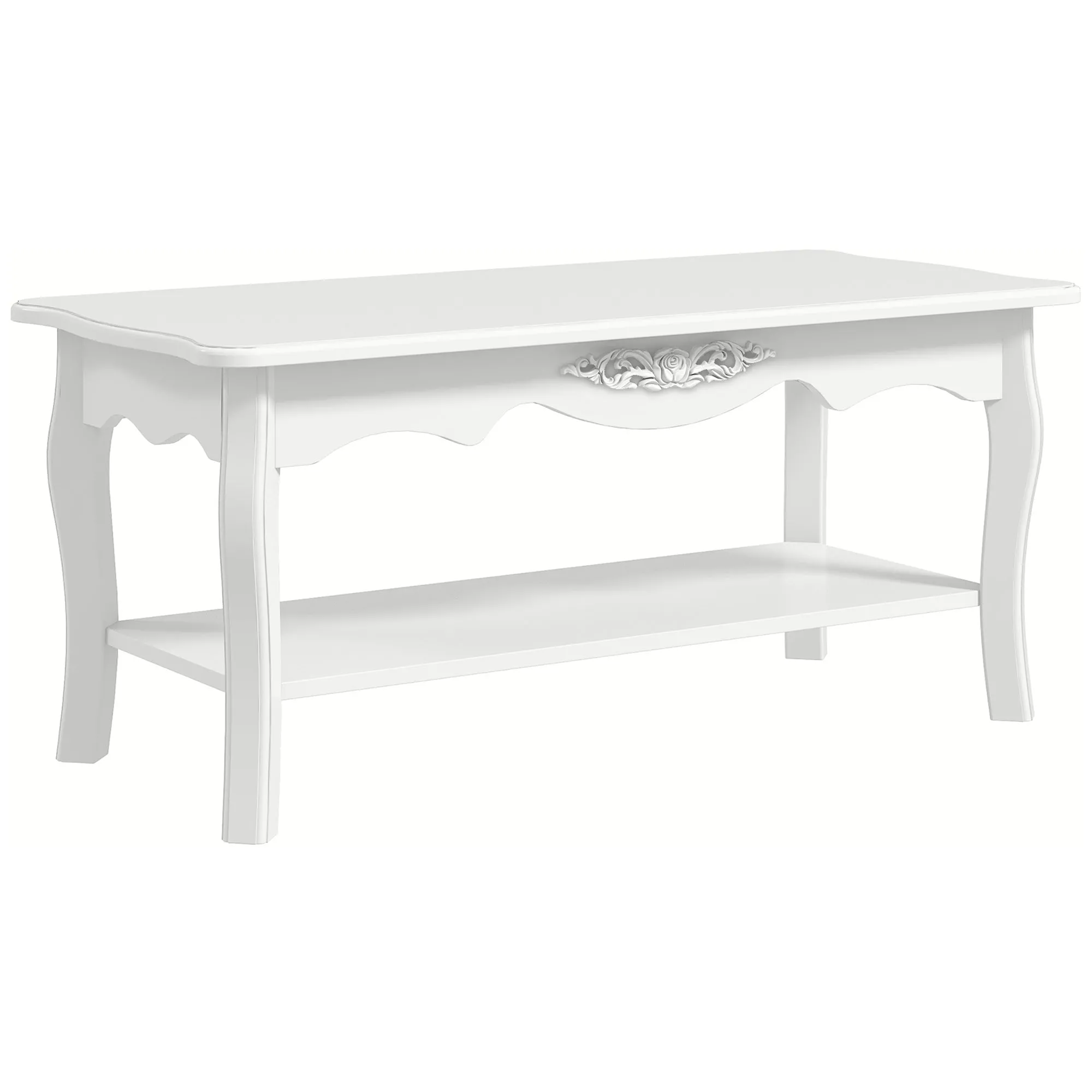 White Coffee Table Wood Cocktail Tea Centre Table 94L x 44W x 42H cm with Storage Shelf for Living Room Reception Room