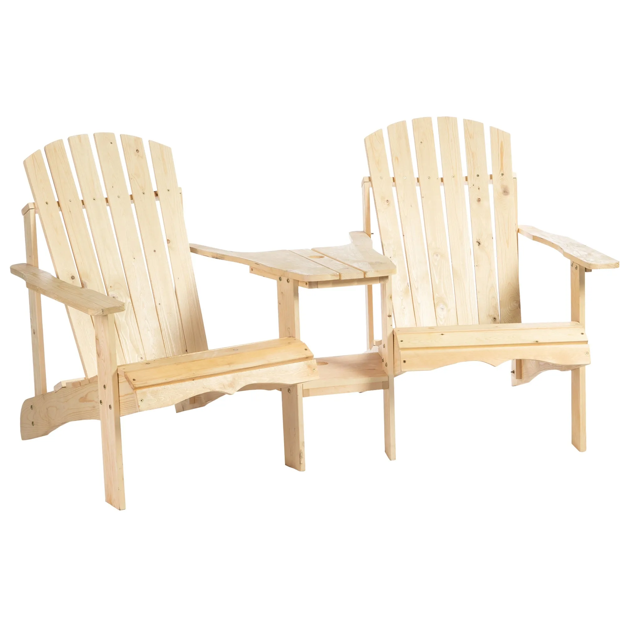 Wooden Outdoor Double Adirondack Chairs Loveseat with Centre Table Umbrella Hole Natural