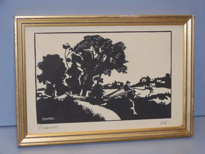 -LITHO Signée au Crayon EDMOND CADRE BOIS Doré SOUS PLASTIQUE JUS GRENIER  D
