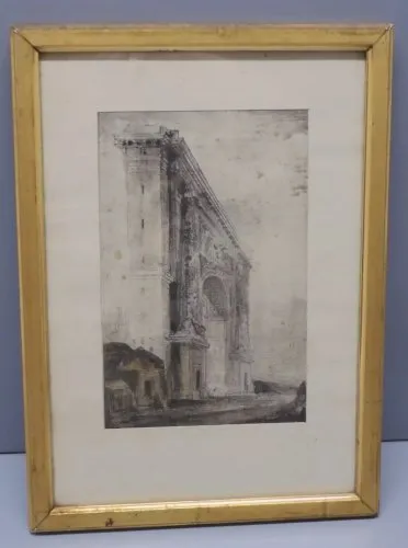 -LITHOGRAPHIE façon FUSAIN CADRE BOIS Doré SOUS VERRE ARC de TRIOMPHE déco  D