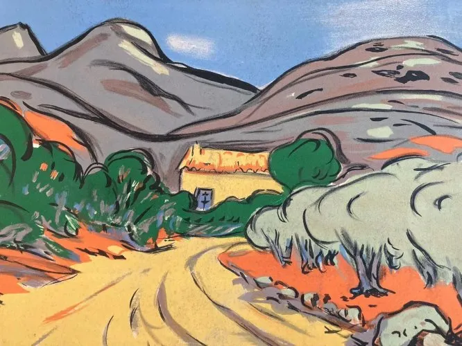 Lithographie Litho Antoine Serra Art Gravure 1970 Paysage Chemin