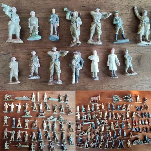 Lot 130 Soldat Quiralu soldats Alu + Elastolin WW1 WW2 + side car moto cantine