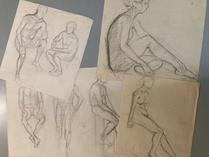 Lot 4 Dessin crayon mine plomb 1950 portrait homme femme a identifier art deco