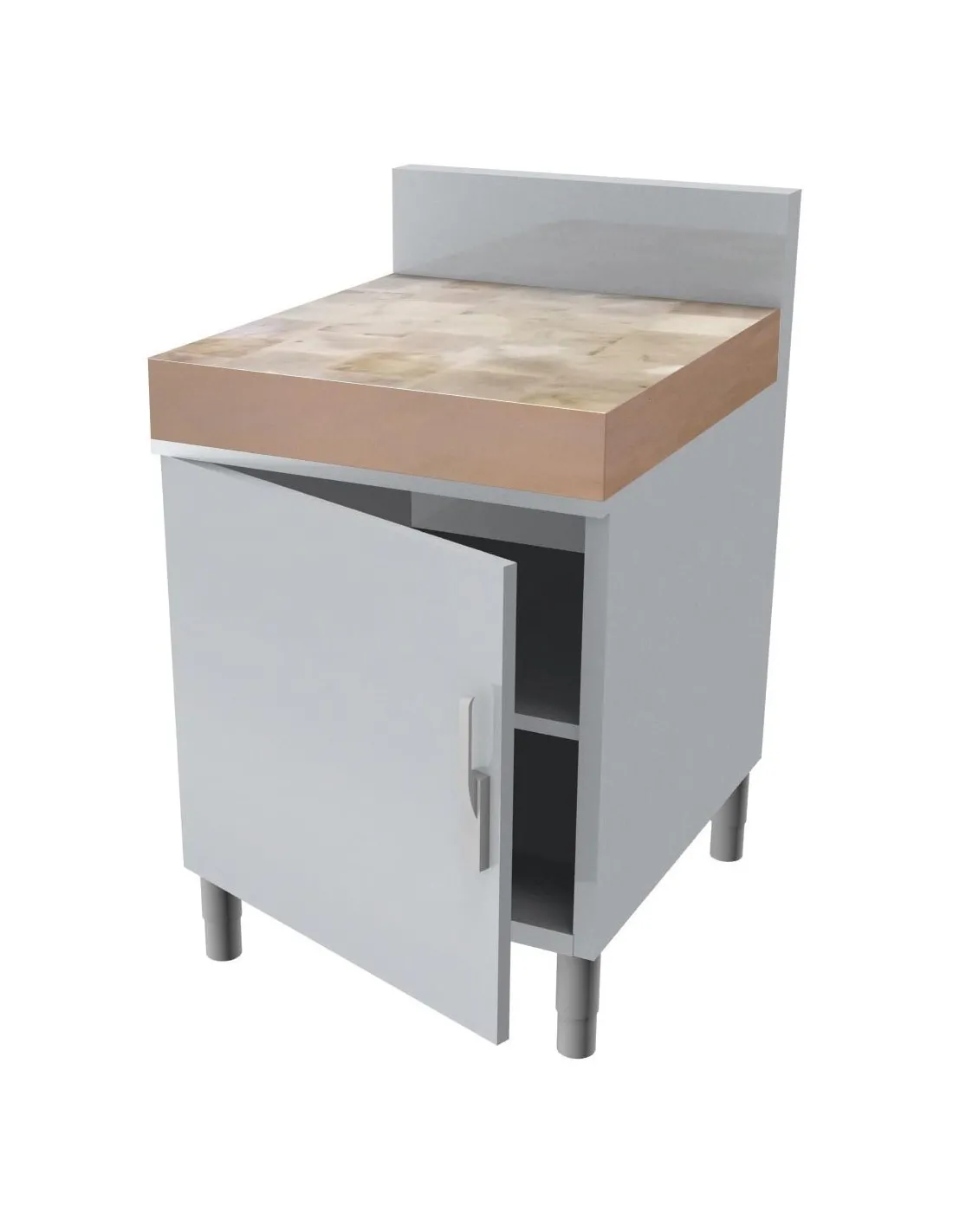 MEUBLE BILLOT BOIS EP.100MM.1P.BATTANTE DESSUS AVEC CADRE POUR BILLOT BOIS 598X648X100 MM DOSSERET INOX 250X50 MM FERMETURE AVEC