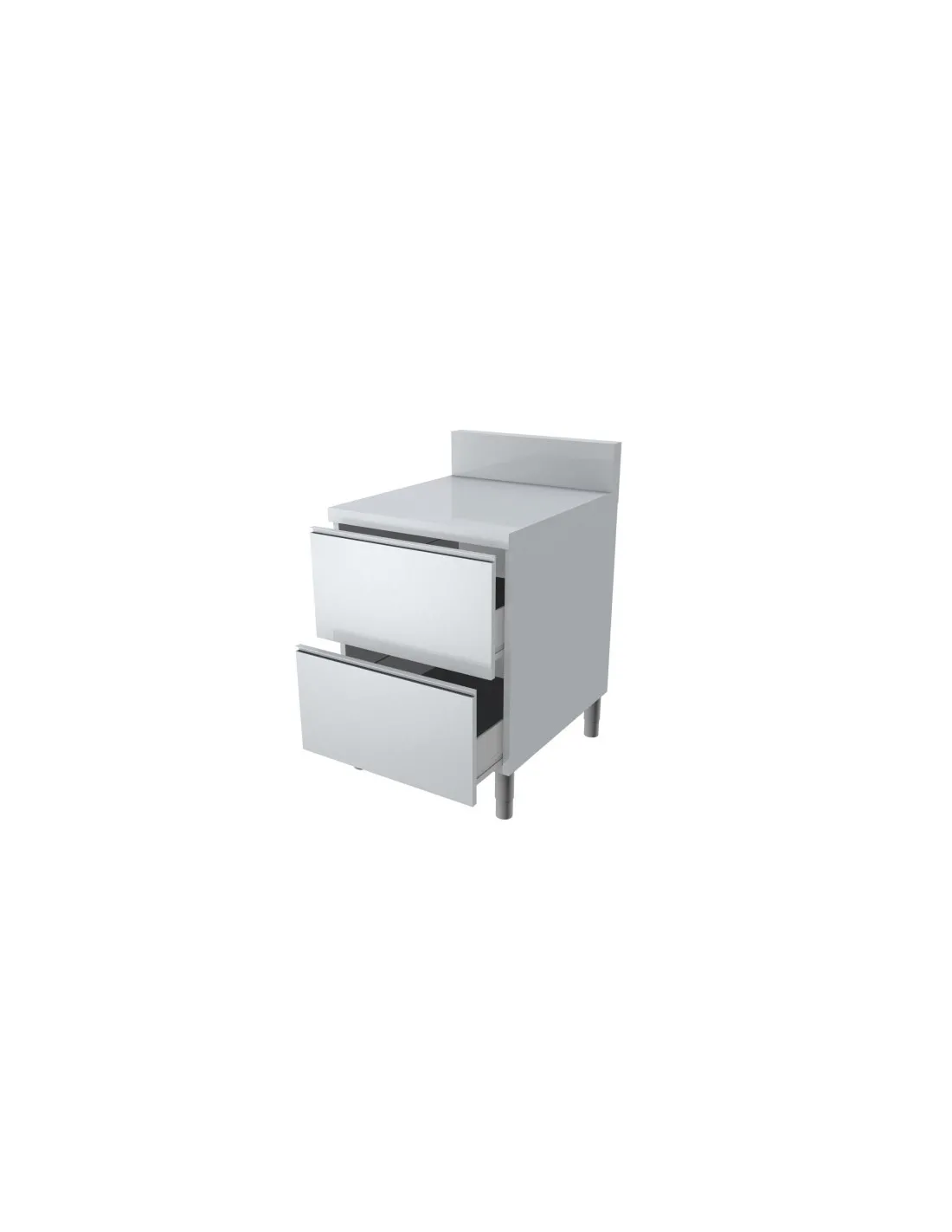 MEUBLE TIROIRS DESSUS INOX + DOSSERET 150X50MM DESSUS EP.40 MM 2 TIROIRS SUPERPOSES L (en mm) : 400 - P (en mm) : 800 H (en mm)