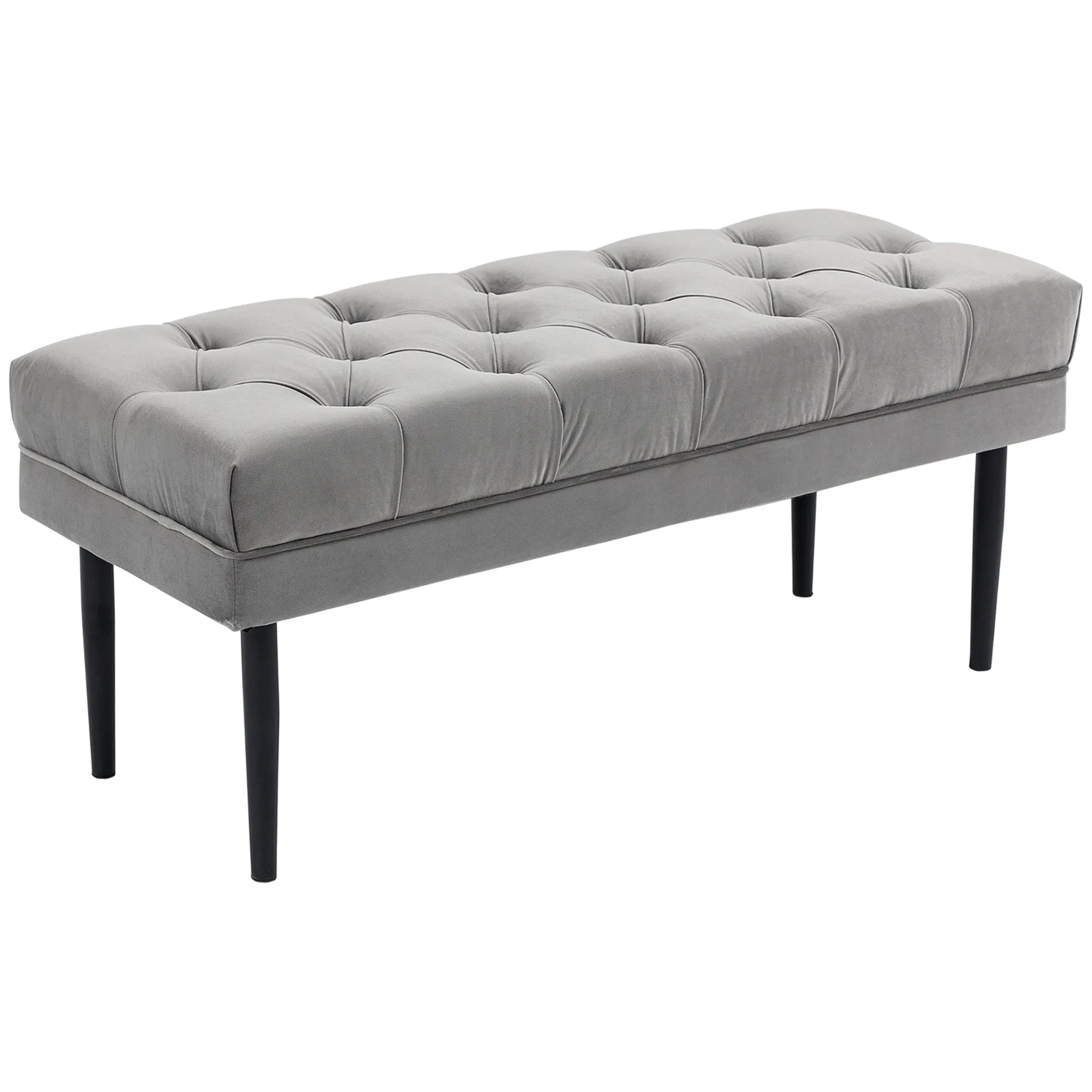 Velvet Bed End Bench Grey Button Tufted Window Seat Hallway Shoe Bench Upholstered Accent Lounge Chair Stool for Living Room Bedroom