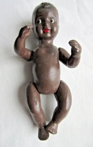 Mini Poupon noir, baigneur, poupée, porcelaine peinte marron, membres articulés