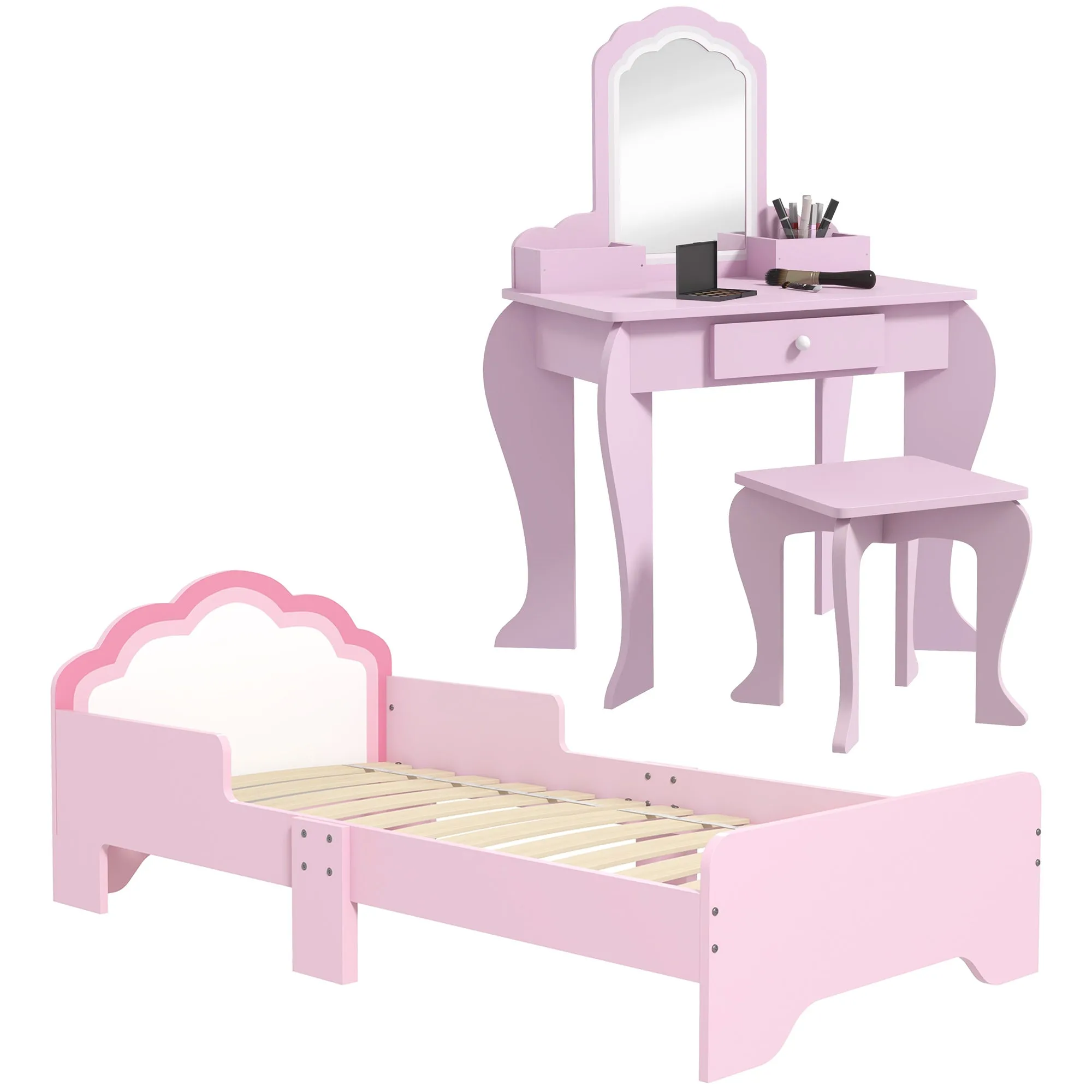 Wooden Kids Bedroom Furniture Set with Kids Dressing Table, Stool, Bed, for 3-6 Years, Cloud Design