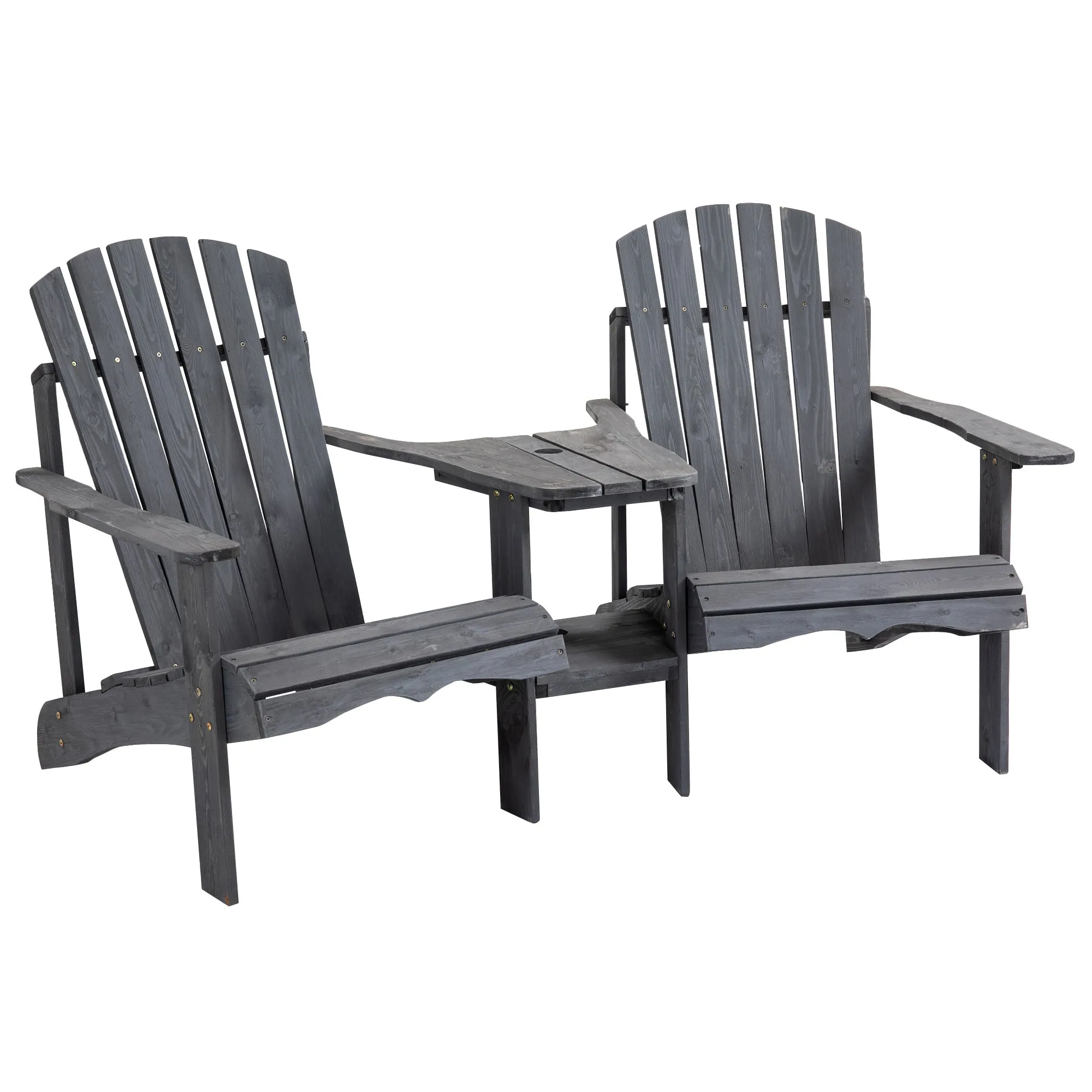 Wooden Outdoor Double Adirondack Chairs Loveseat with Centre Table Umbrella Hole Dark Grey