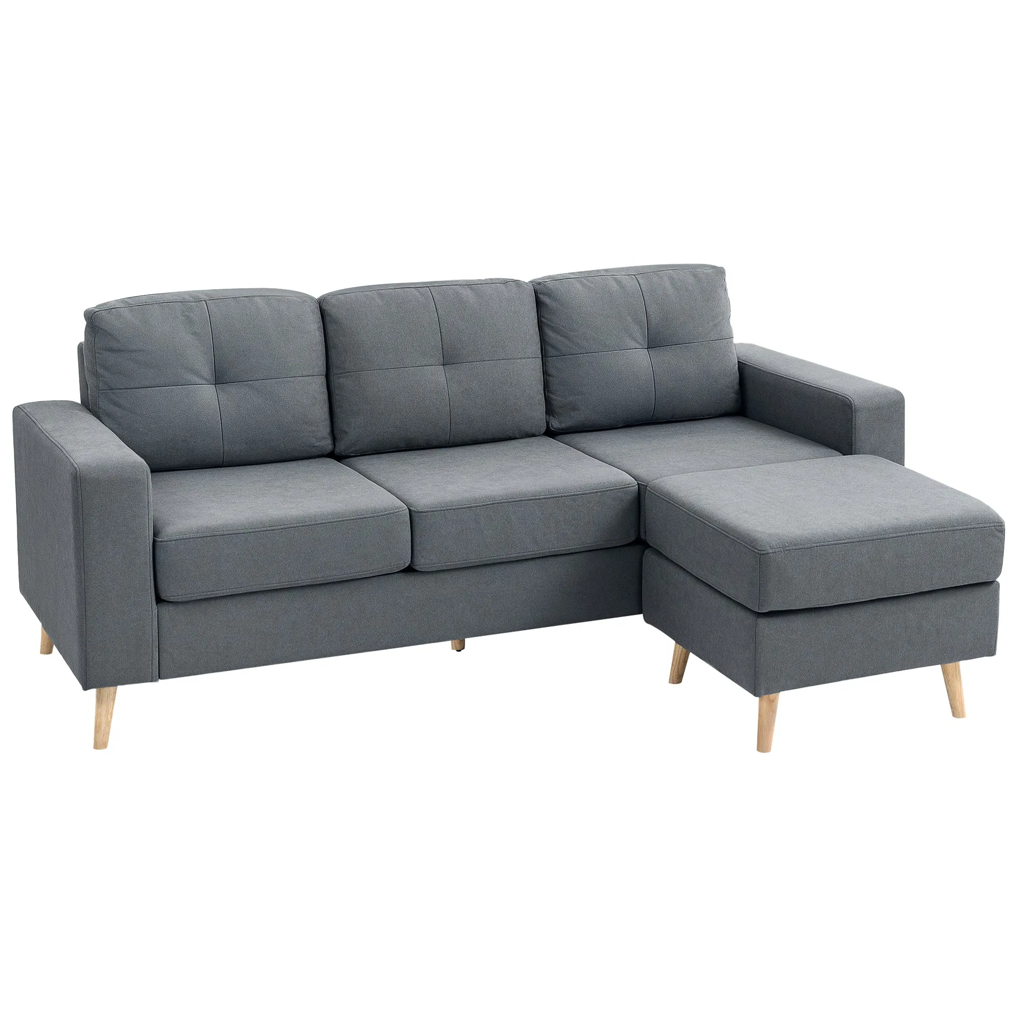 3 Seater Sofa with Footstool Fabric L-Shaped Sectional Couch with Wood Legs Tufting Cushioned Back for Small Space Living Room Office, Dark Grey