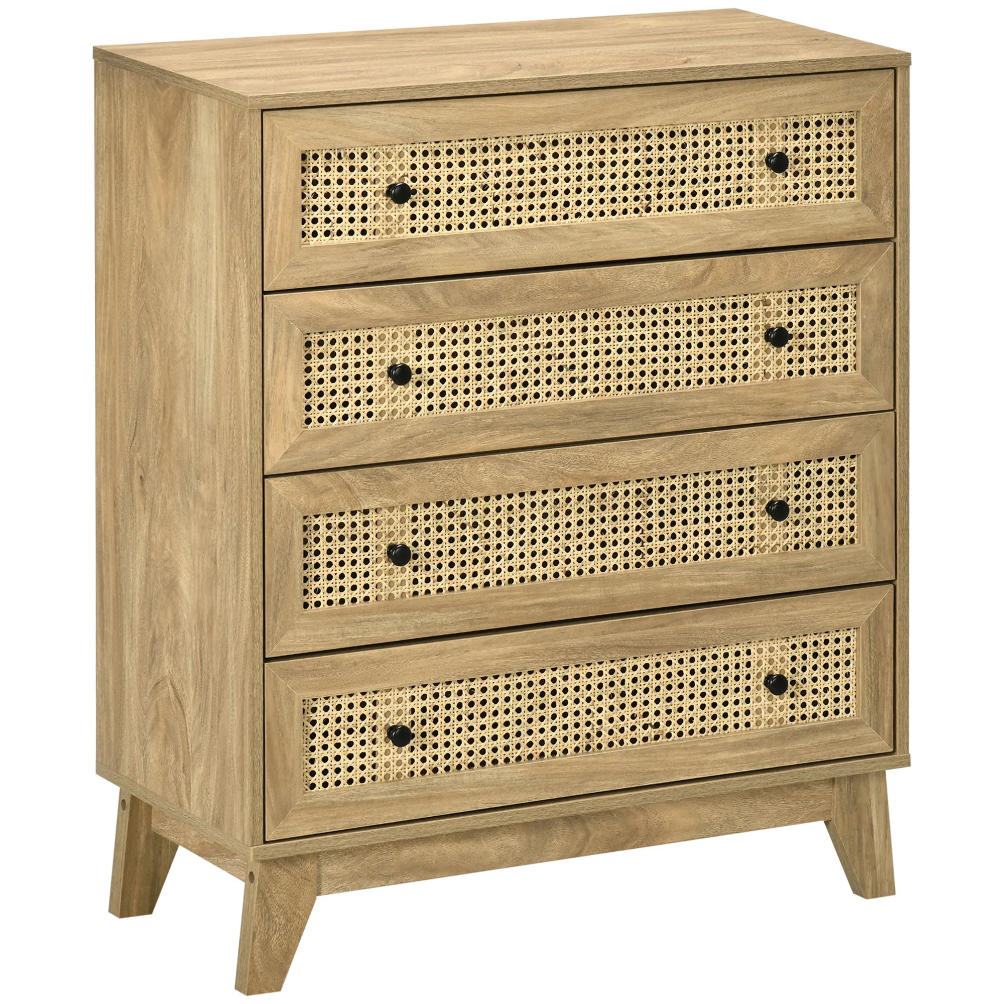Storage Cabinet Wood Effect 4-Drawer Unit 80cm x 35cm x 95cm with Rattan Element for Bedroom, Living Room