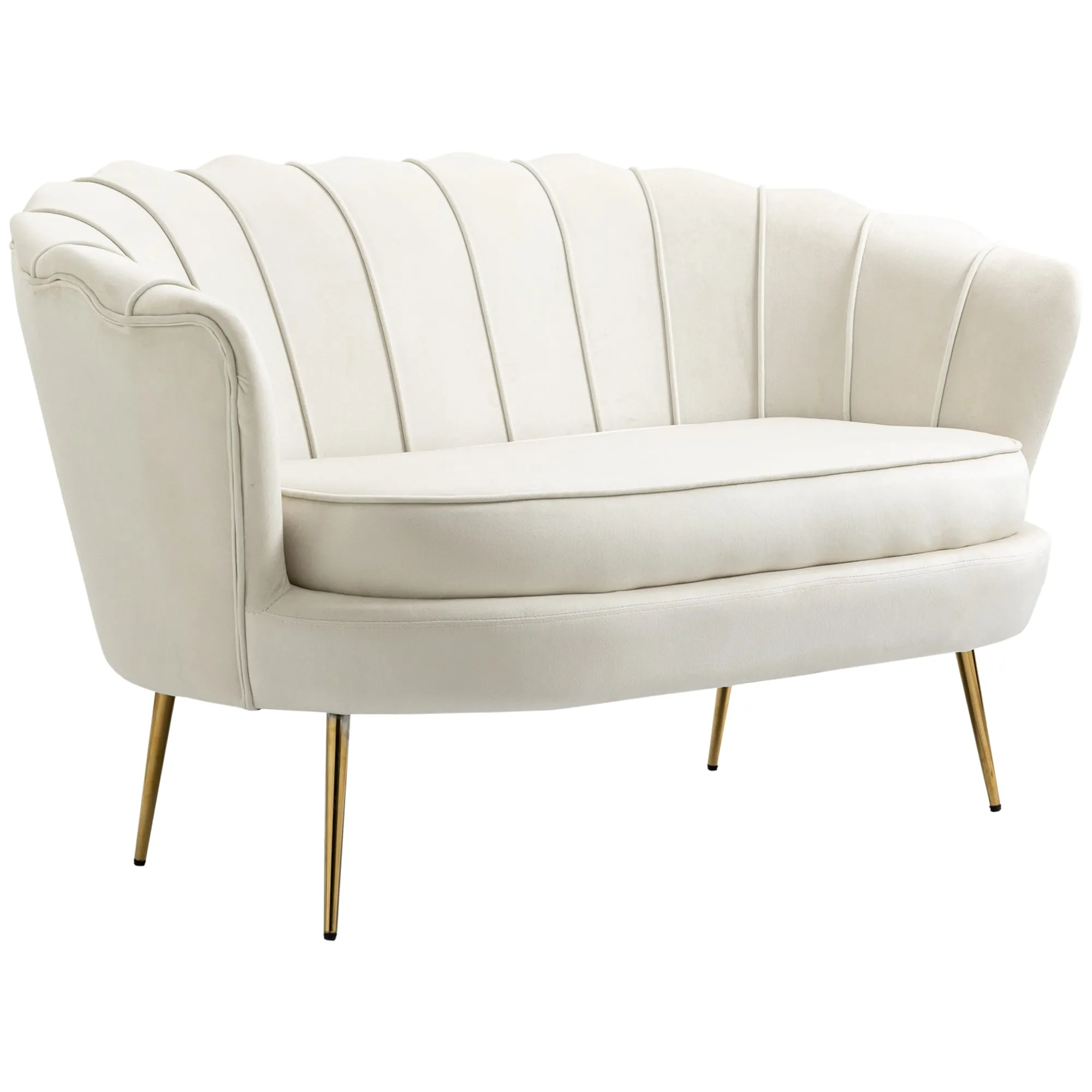 2 Seater Sofa Modern Velvet Loveseat Fabric Small Couch with Petal Backrest Gold Steel Legs for Living Room Bedroom, Cream