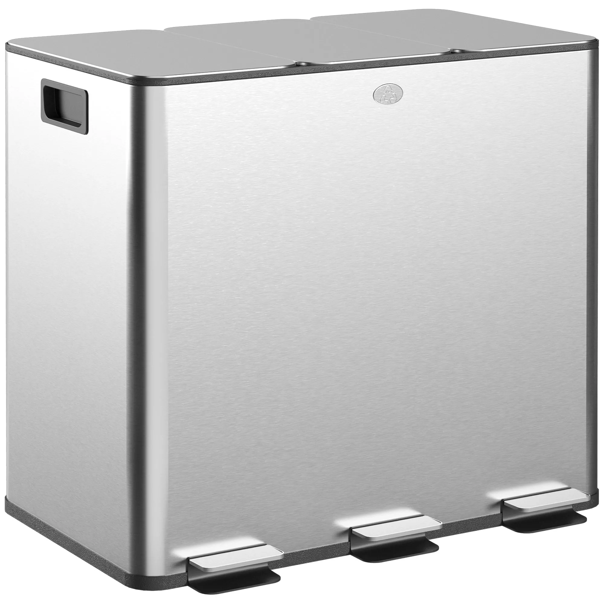 3 x 15L Pedal Bin Silver Tone Steel Triple Kitchen Bin with Soft Close Lid, Removable Inner Buckets, Fingerprint-Proof