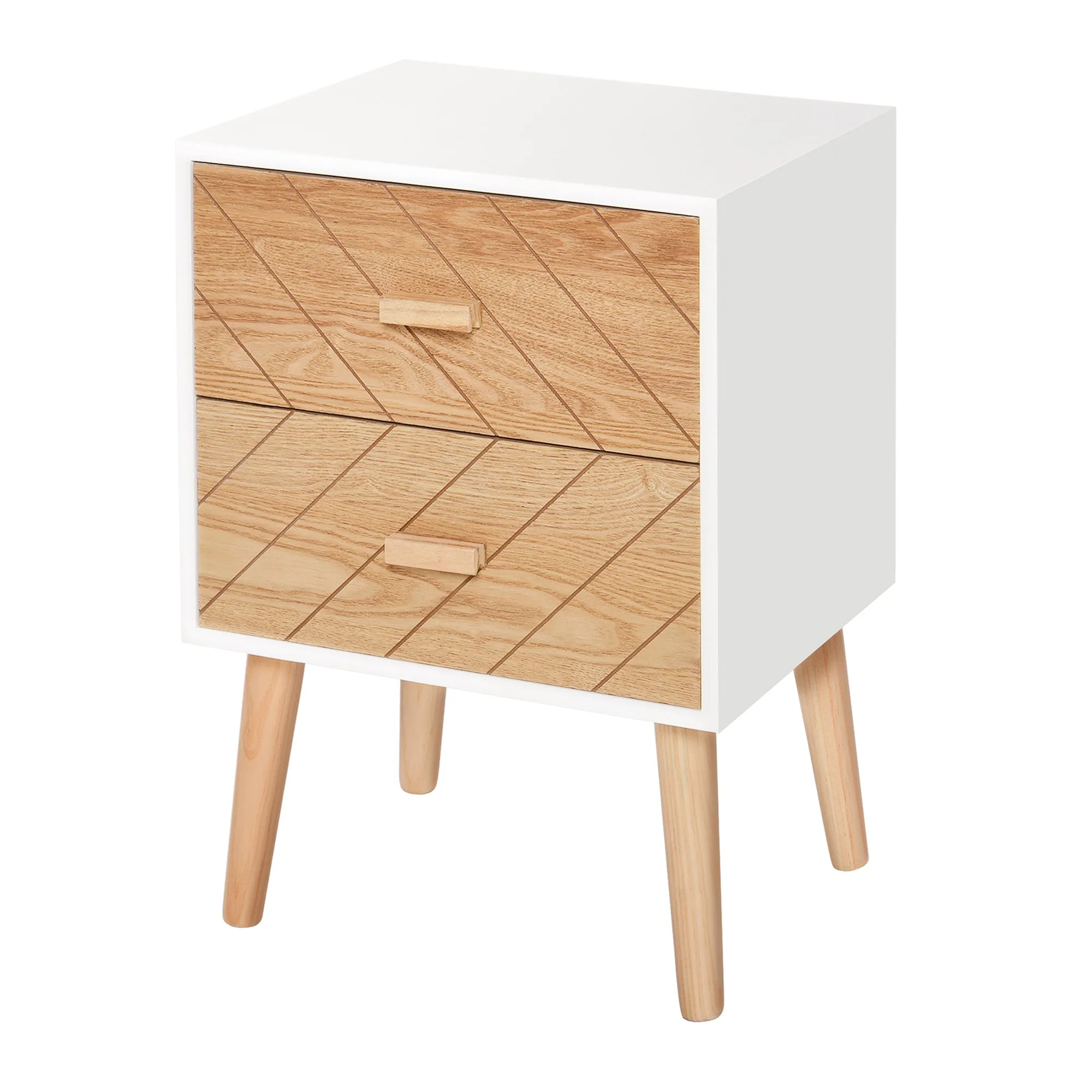 2 Drawers Bedside Table Natural with Pine Legs, Bedroom Wooden Storage Cabinet