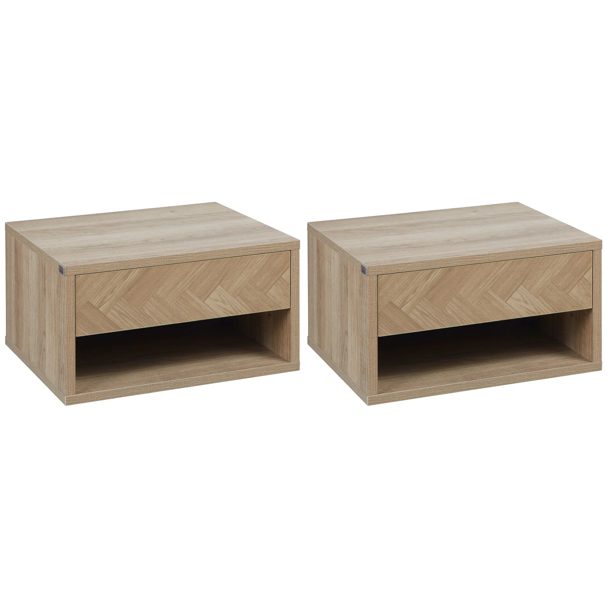 2 Pieces Bedside Table Wall Mounted Natural 37 x 32 x 21cm Nightstand with Drawer and Shelf for Bedroom