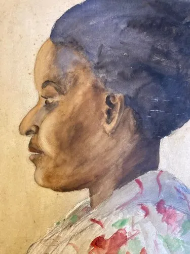 Peinture Gouache Femme Noire Papier 1950 Portrait Profil Dessin Art Ancien