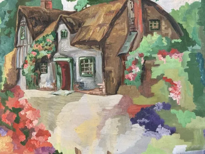 Peinture Papier Gouache Maison Toit En Chaume Village 1960 Angleterre Art